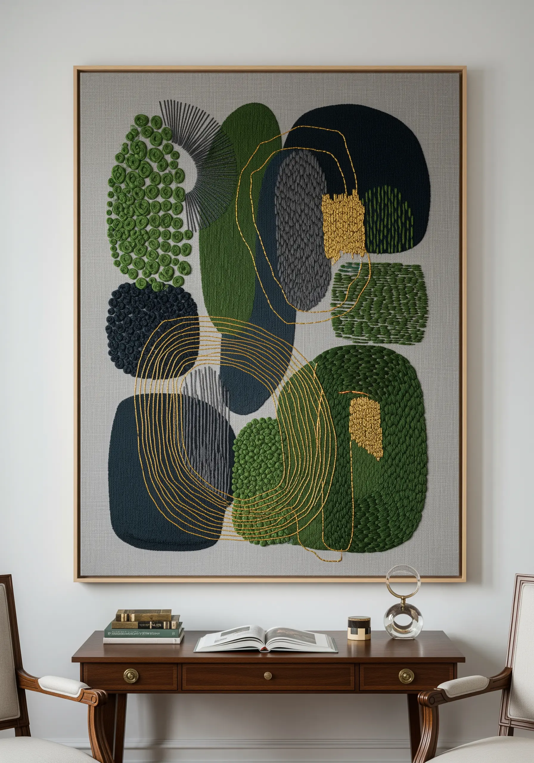 A framed abstract embroidery piece with green and grey shapes filled with various textural stitches.
