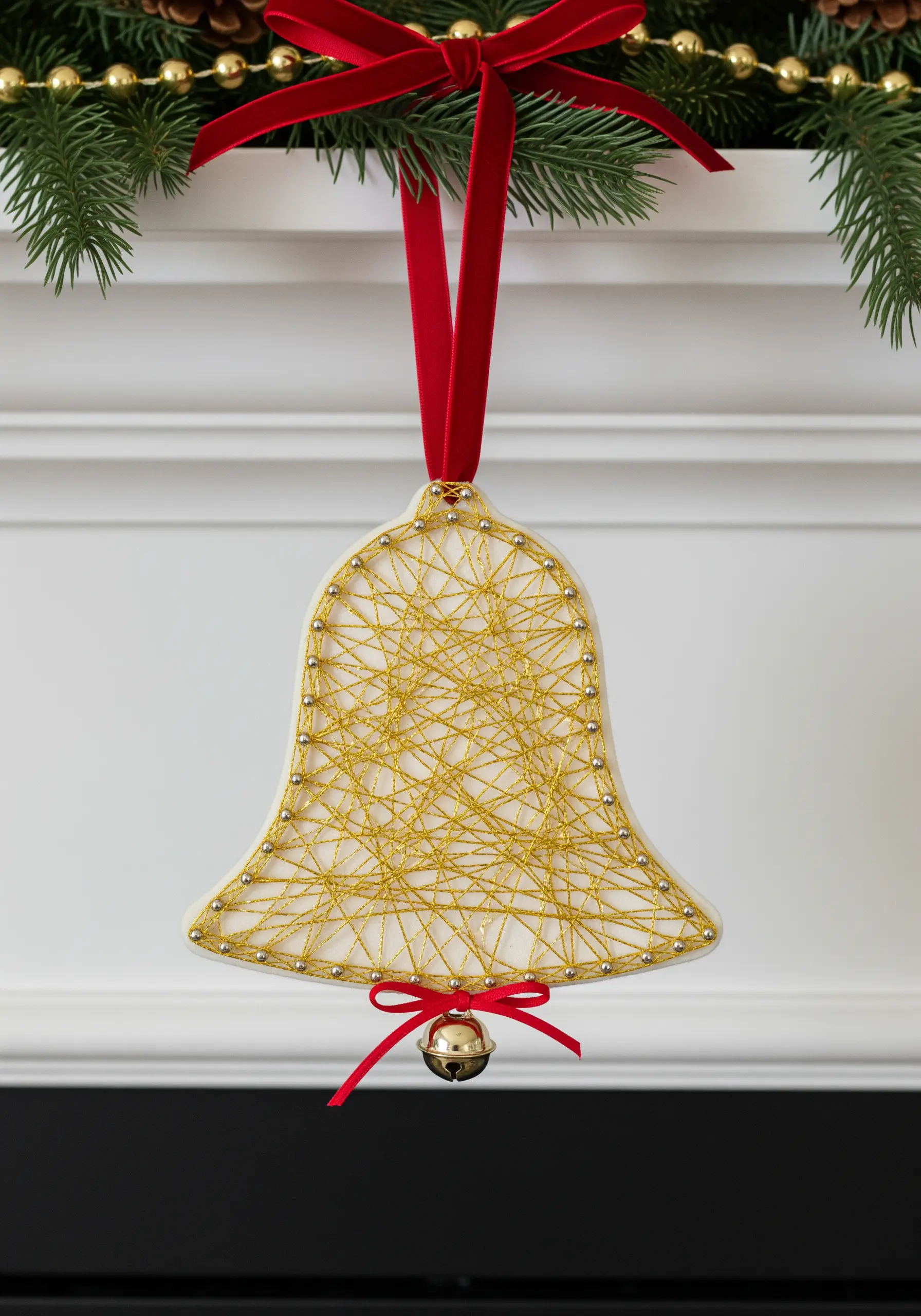 A white bell ornament filled with randomly wrapped gold metallic thread.