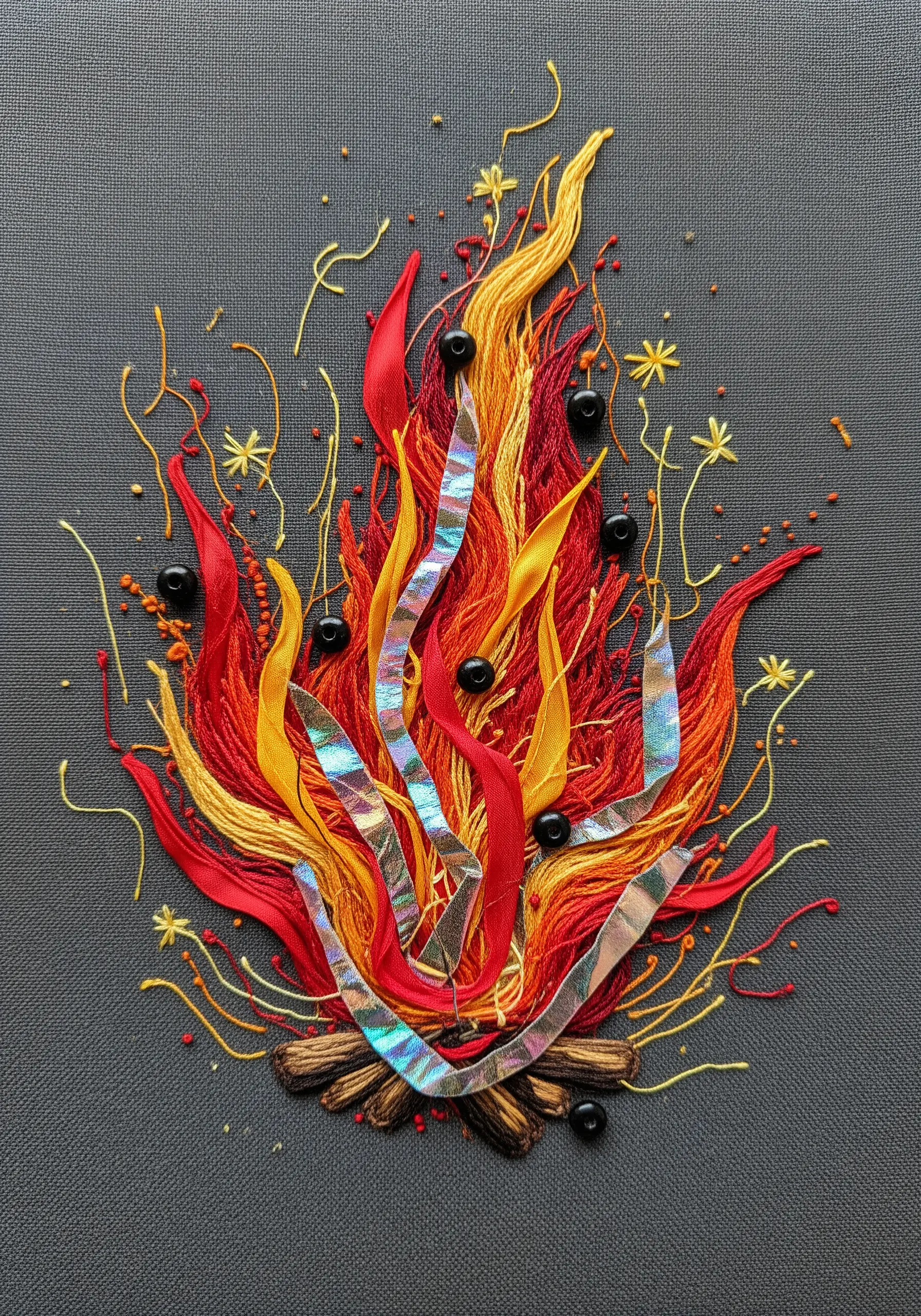 An abstract embroidery of fire, using threads, ribbon, beads, and iridescent foil.