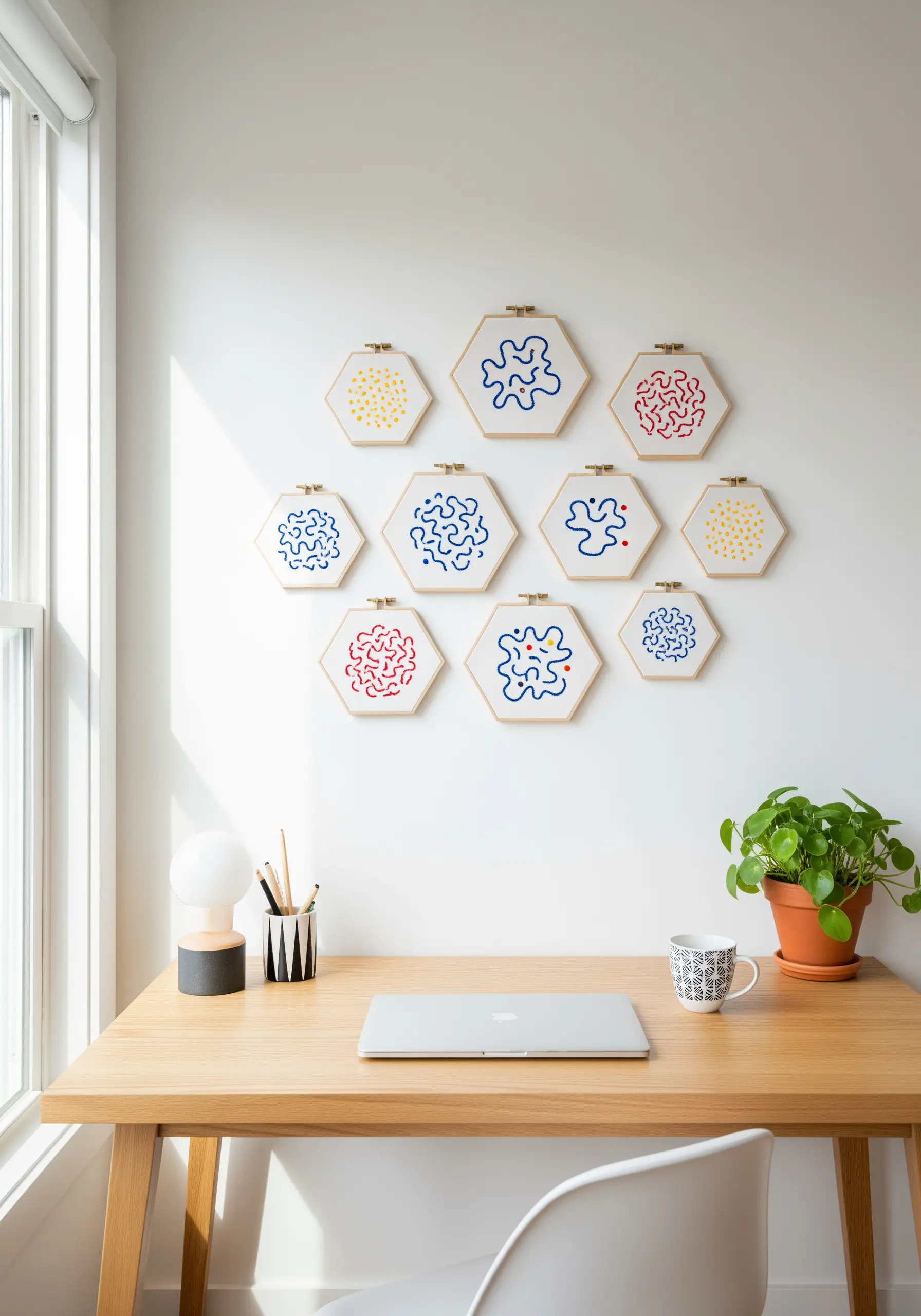 Abstract primary color squiggle embroidery on hexagonal hoops