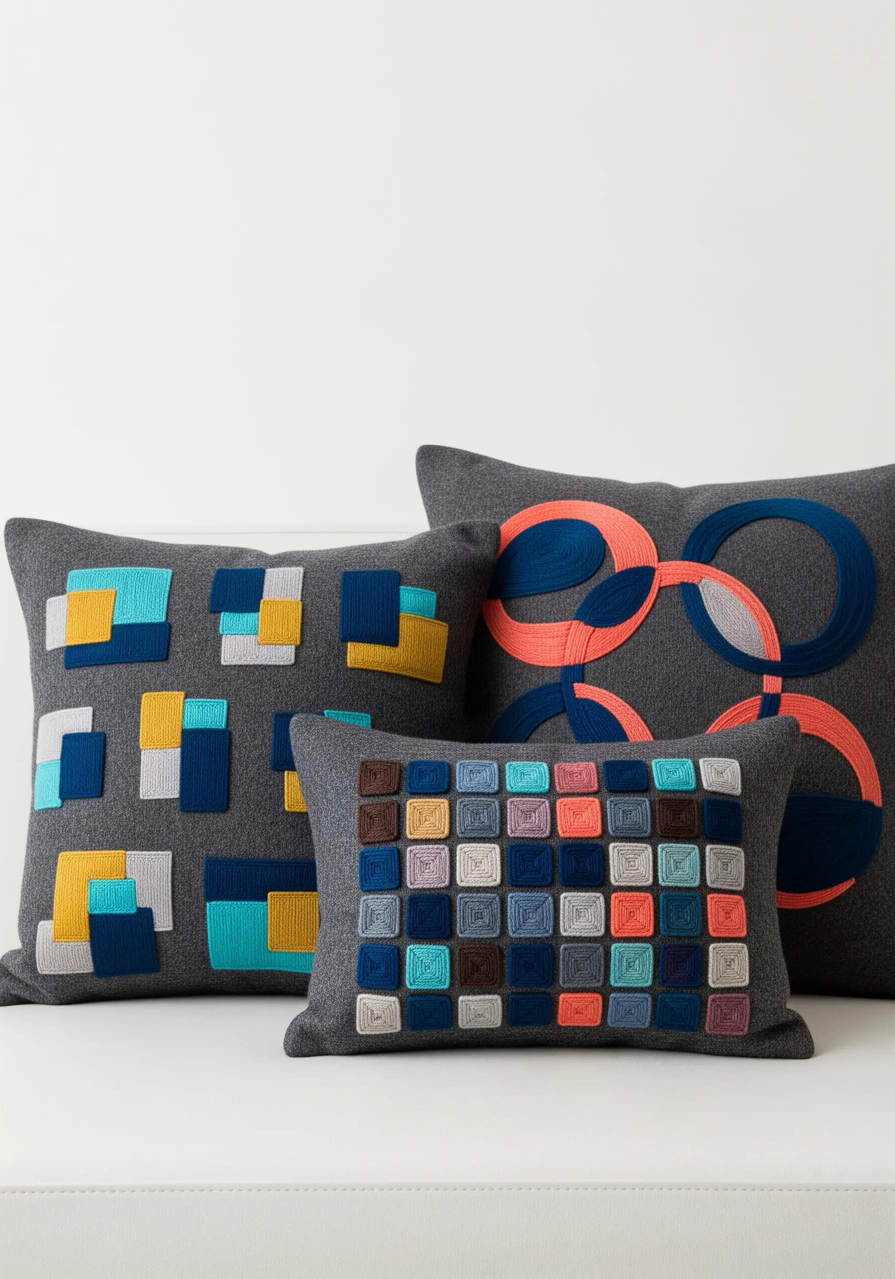 Abstract geometric shapes on grey pillows filled with wrapped thread embroidery.