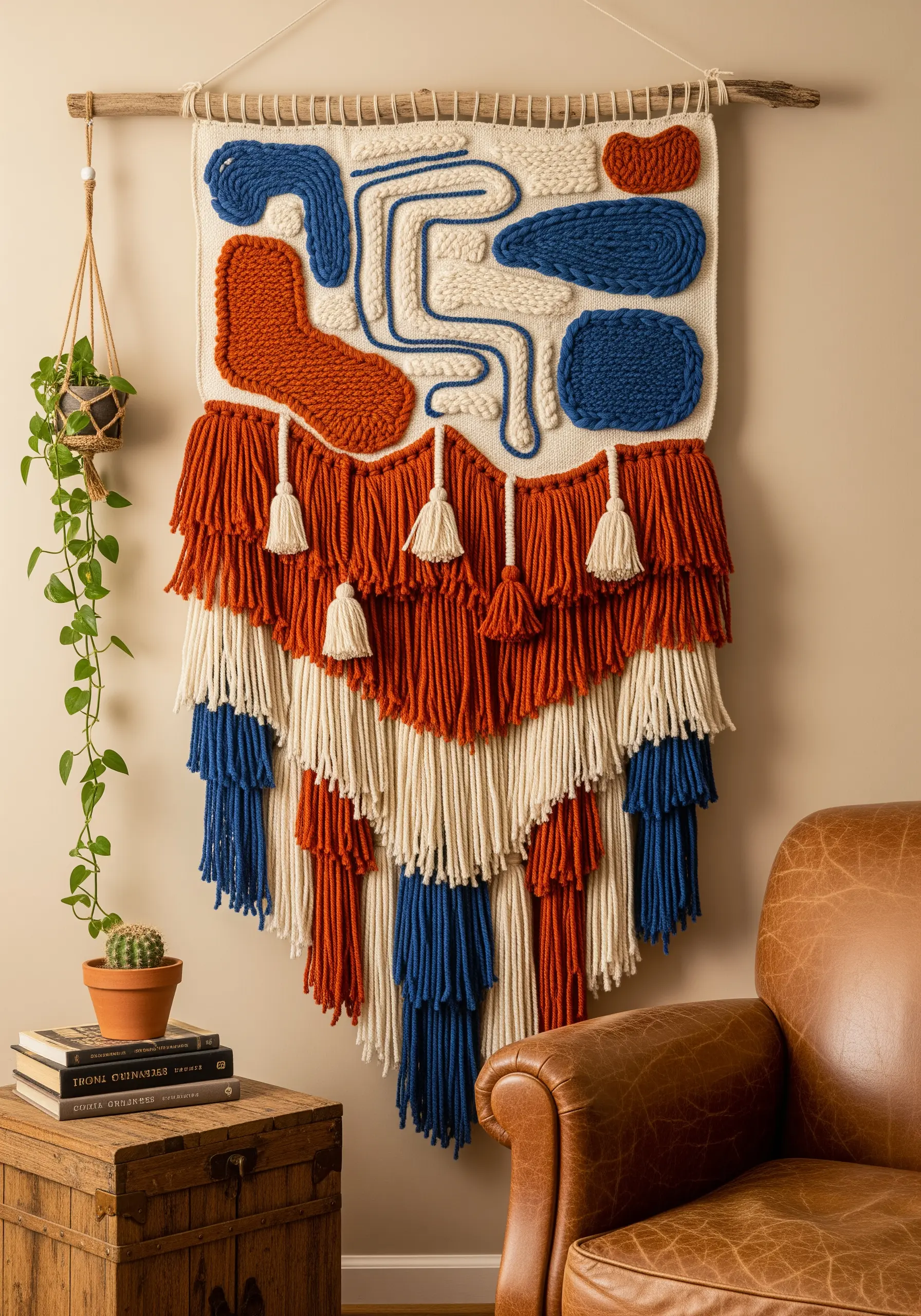 Abstract wall hanging combining wrapped cords, woven sections, and long fringe in orange, blue, and white.