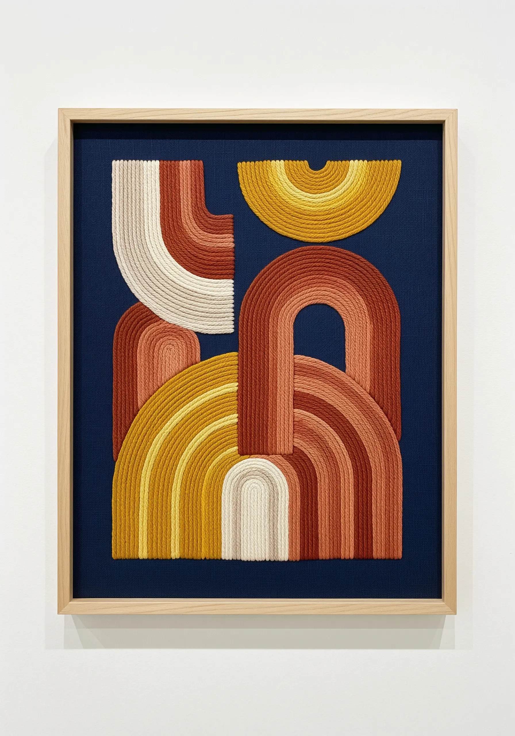 Framed abstract embroidery with layered arcs and shapes in warm, earthy tones on a navy background.