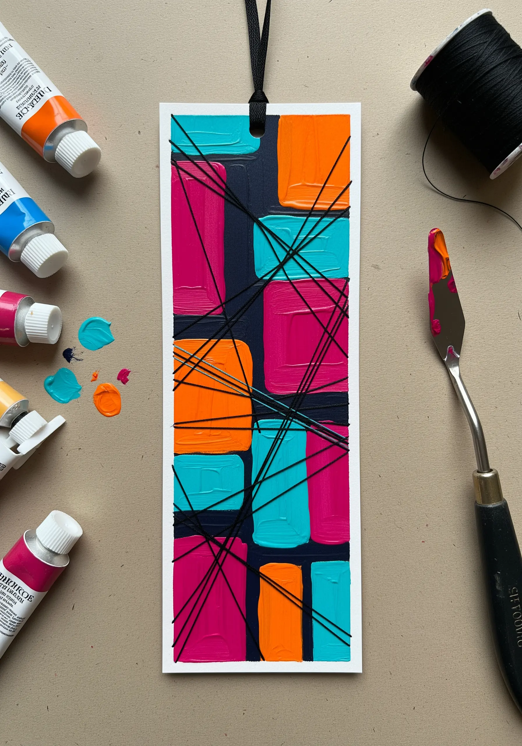 Abstract impasto painting on a bookmark, overlaid with a geometric pattern of wrapped black thread.