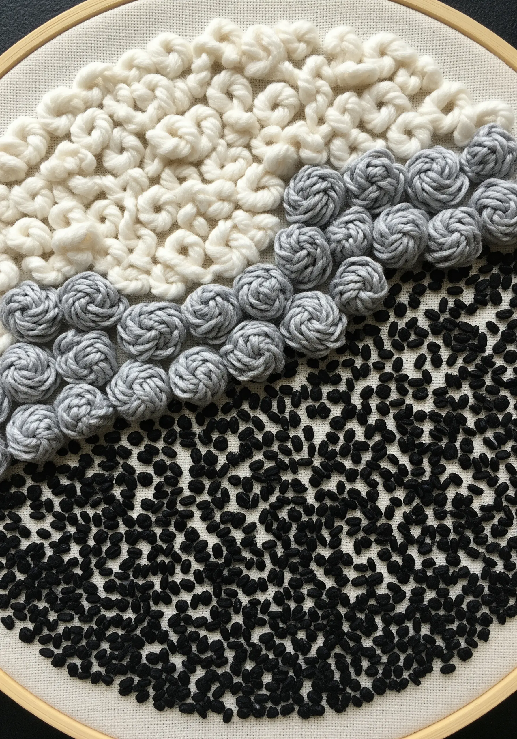 An abstract hoop divided into three textural bands: French knots, woven wheels, and seed stitches.