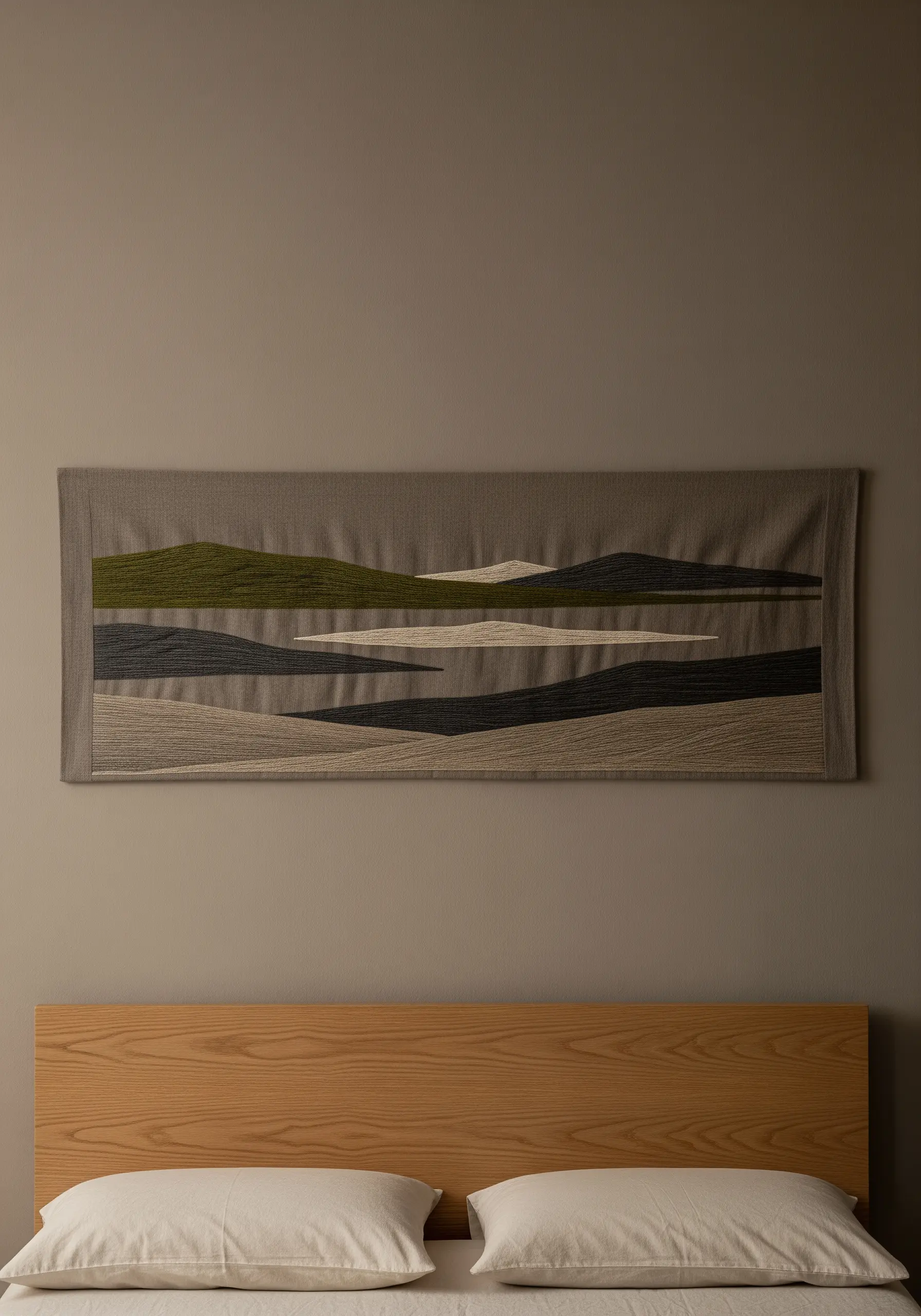 An abstract landscape wall hanging with color-blocked hills in muted earth tones.
