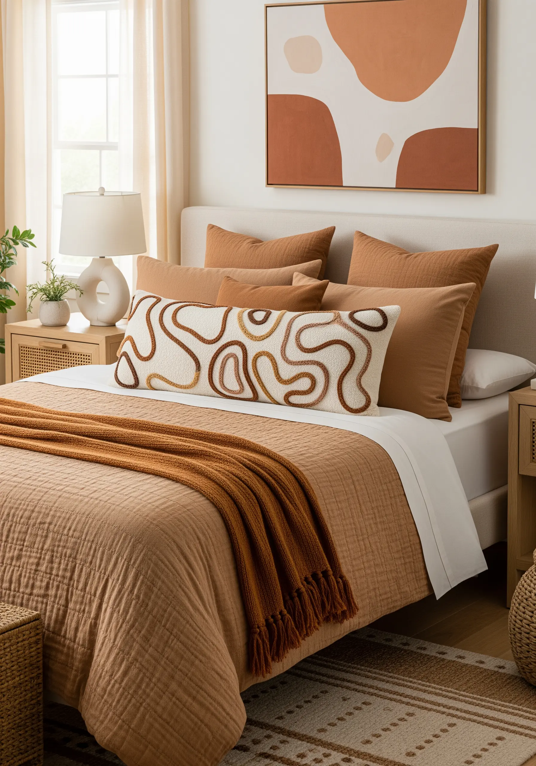 Textured abstract loop embroidery on beige lumbar pillow