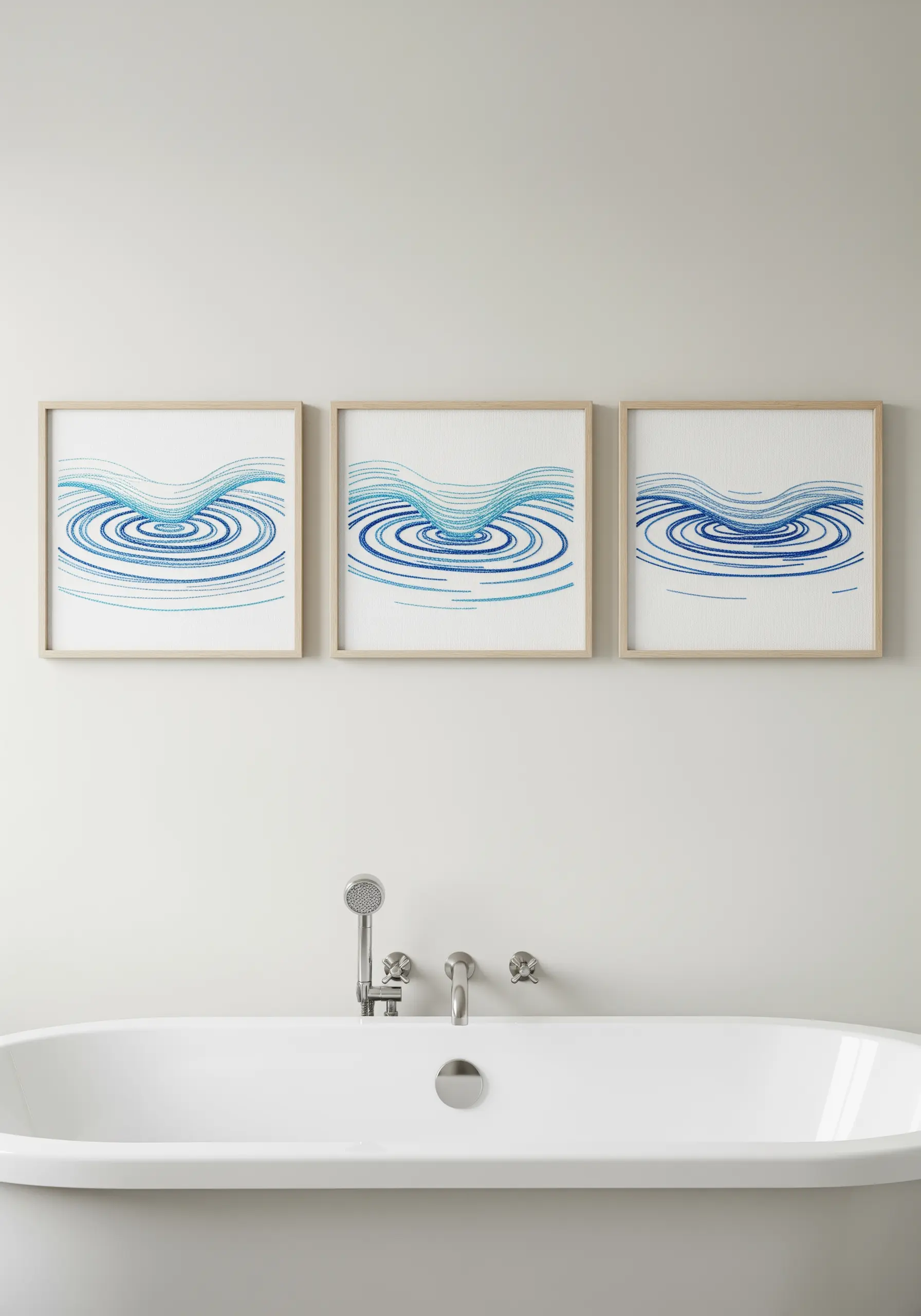 Three square frames featuring abstract blue ripple patterns embroidered on white
