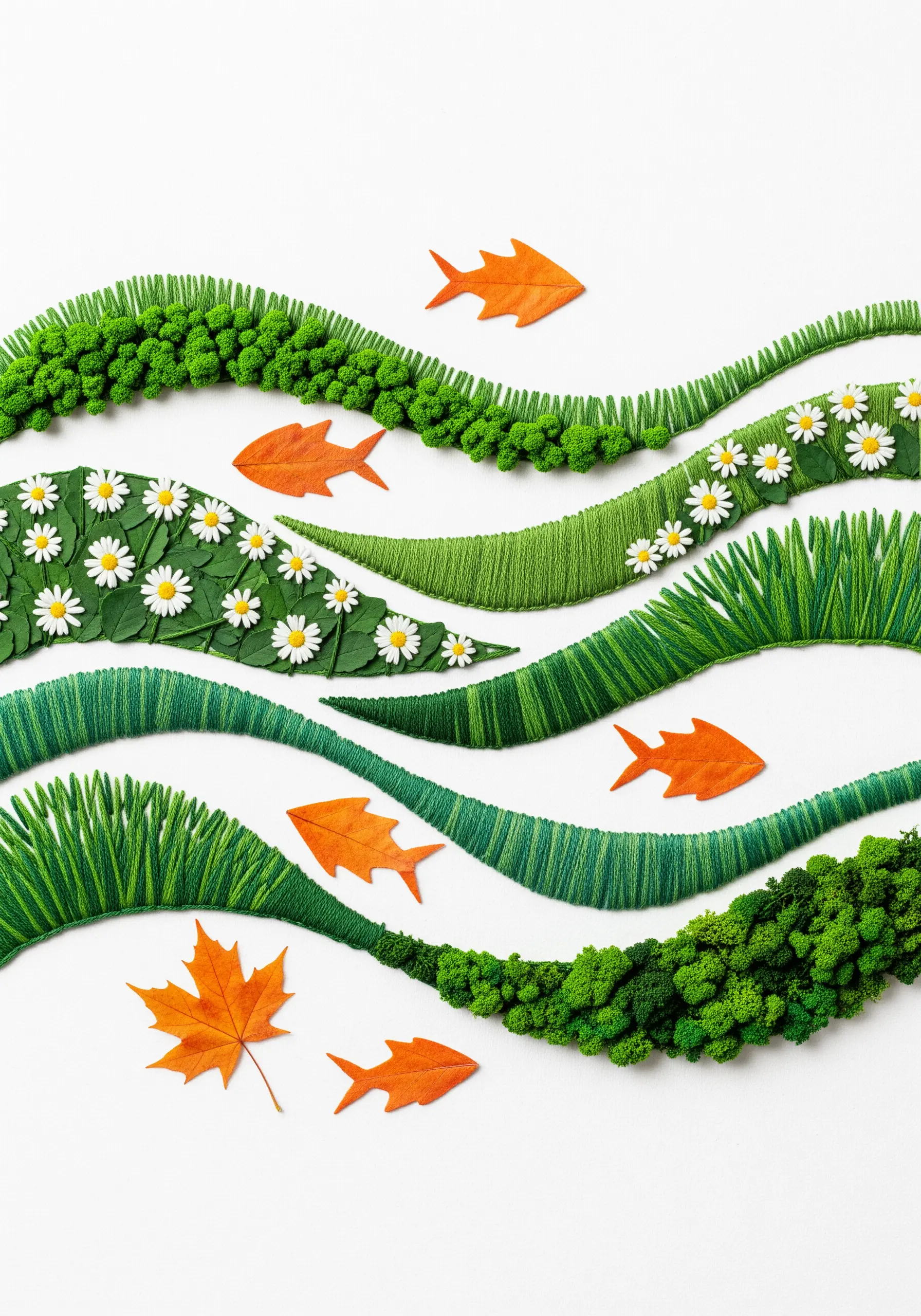 An abstract fiber art piece with wavy bands of green textural embroidery and orange fish cutouts.