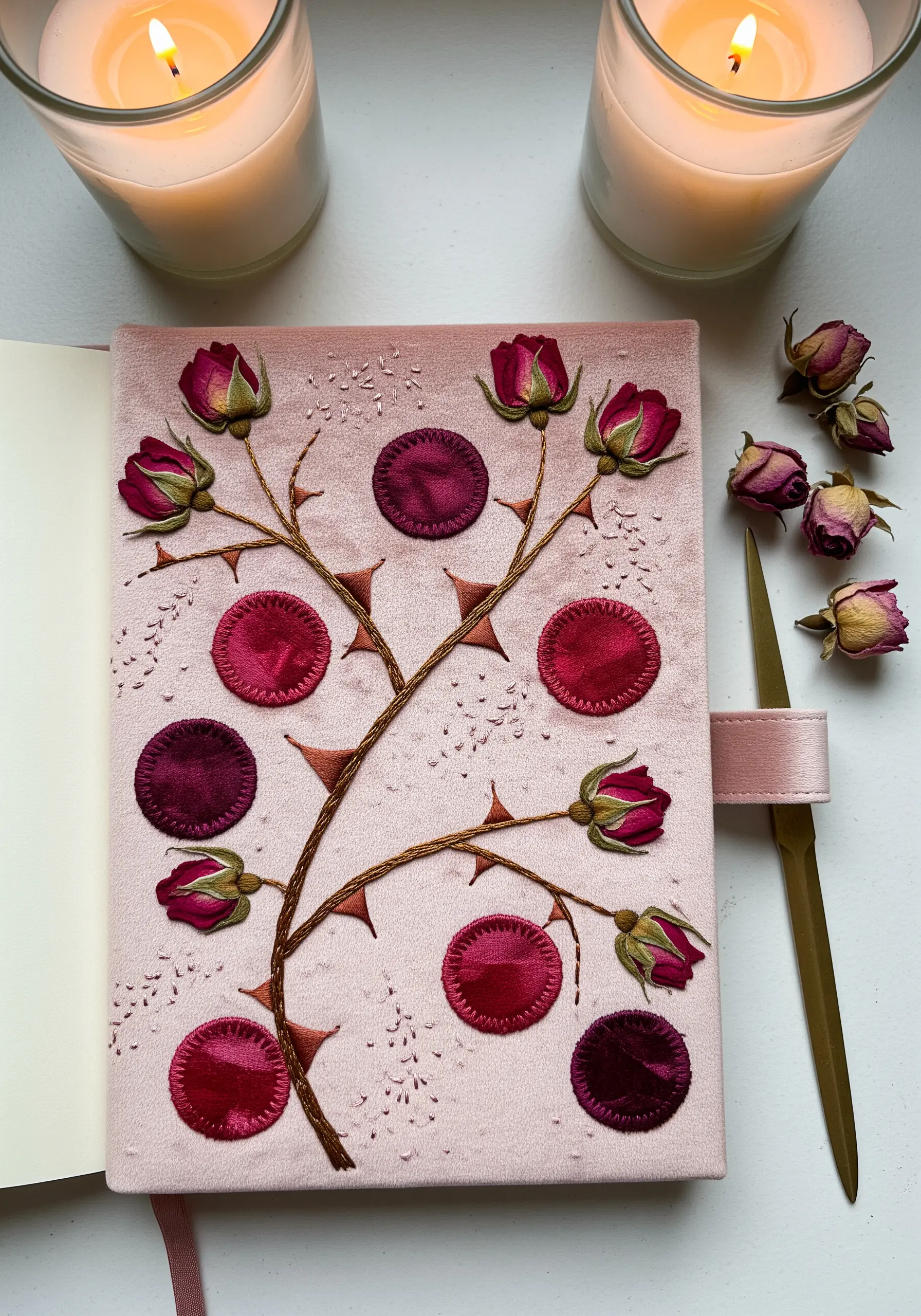 Embroidered journal cover with 3D rosebuds, couched stems, and satin appliqué circles.