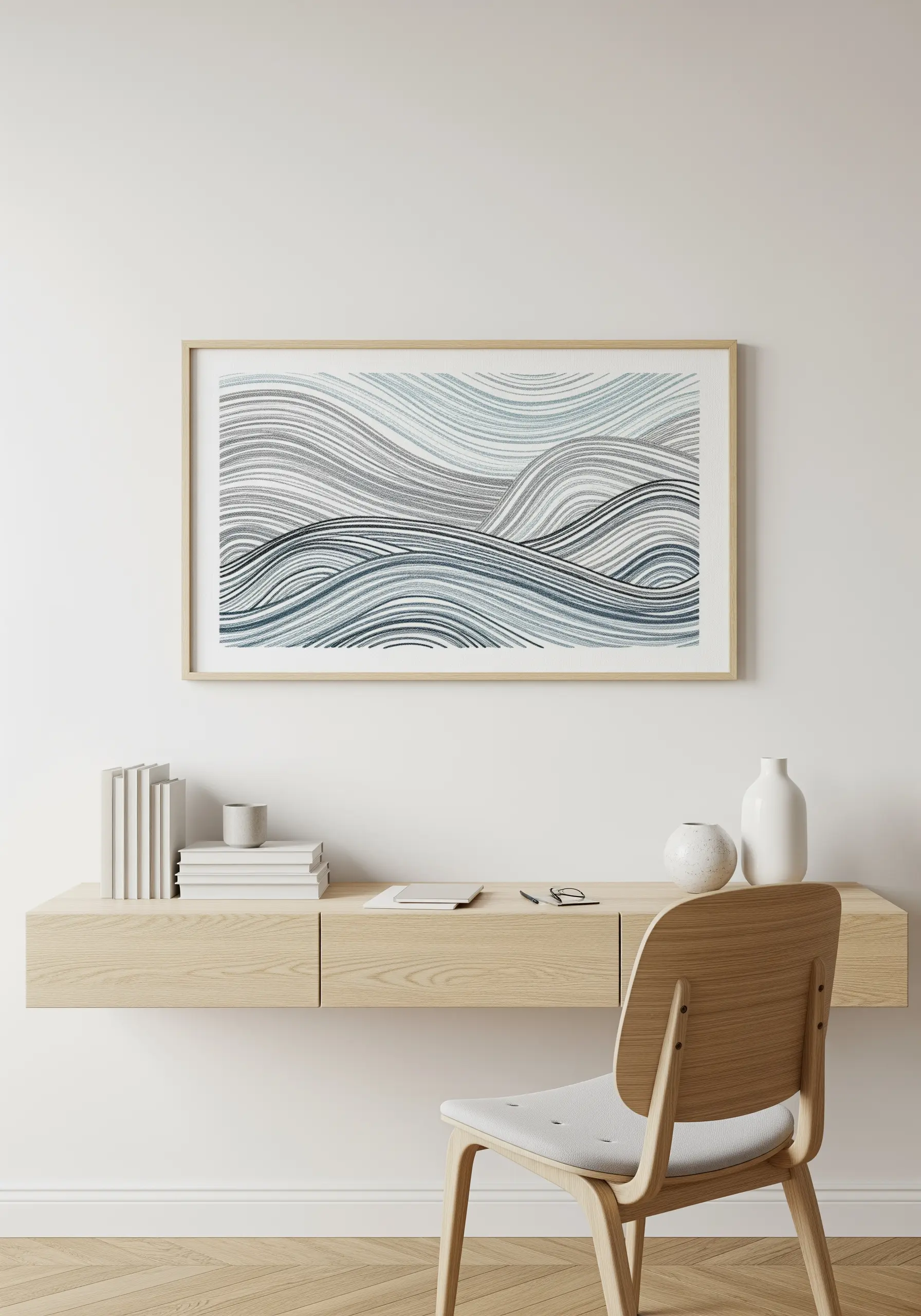 Large framed embroidery of abstract ocean waves in shades of blue, grey, and black.