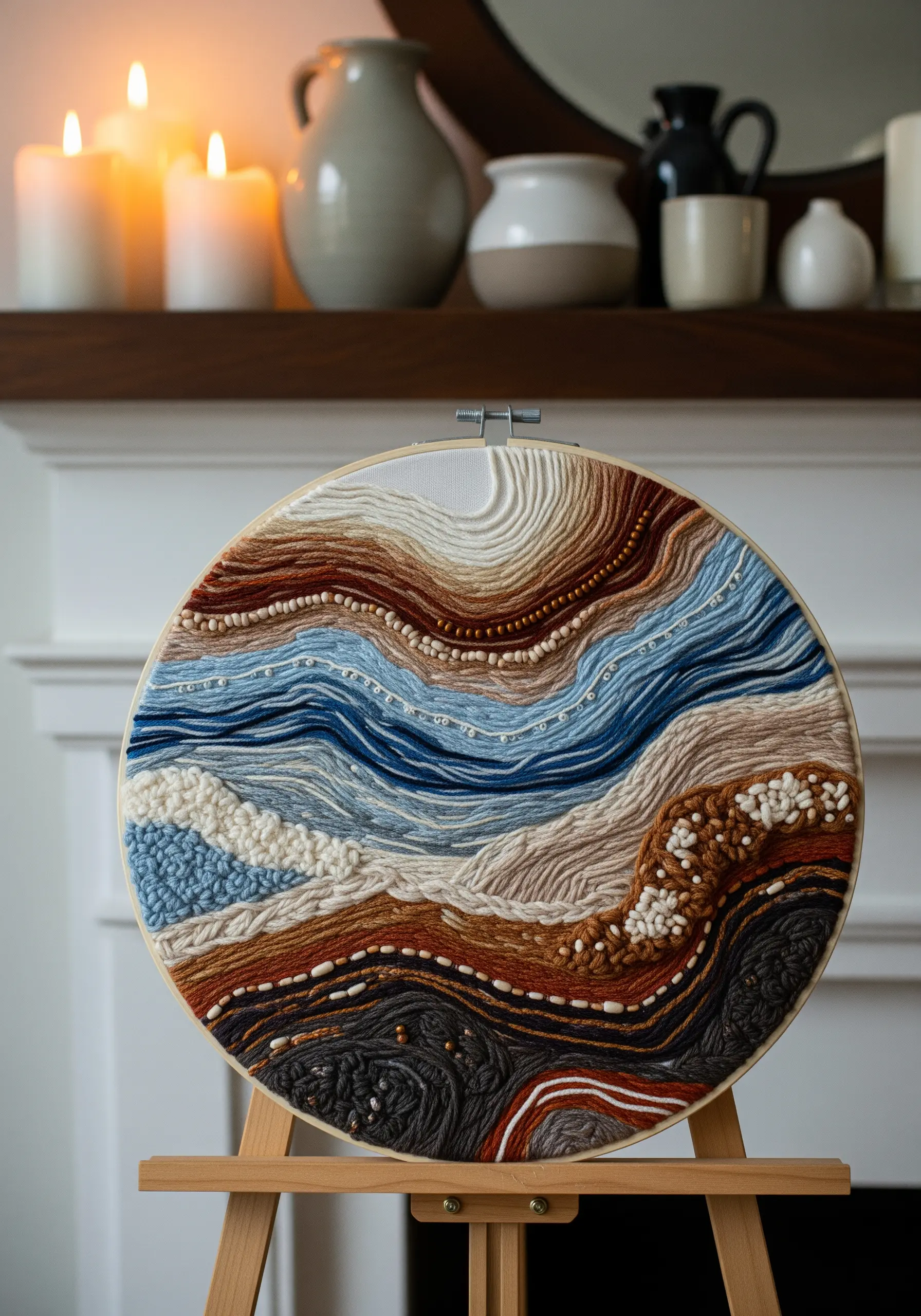 Round abstract embroidery with wavy layers of earth tone yarn