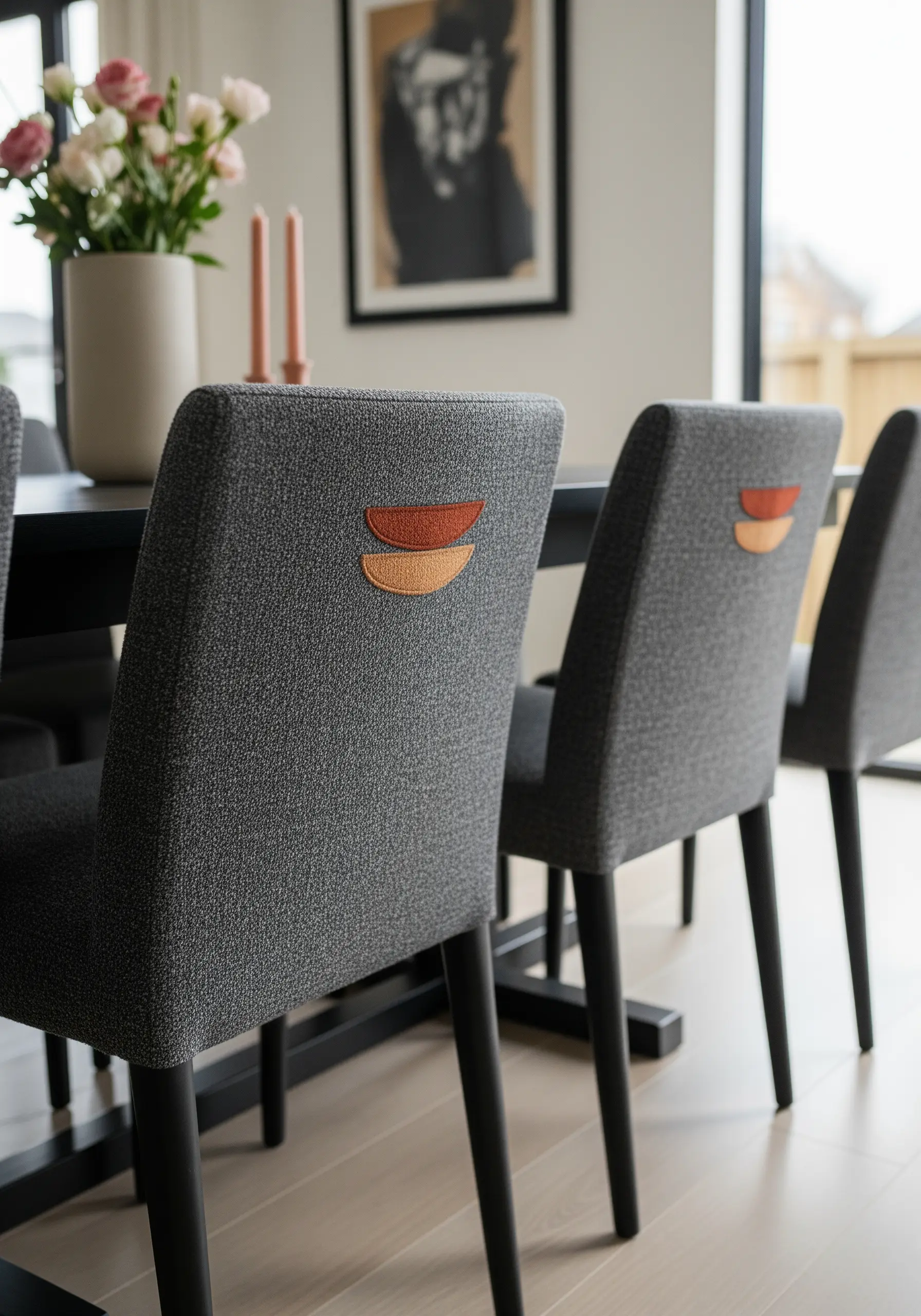 Small, abstract layered shapes in orange and terracotta embroidered on the back of a grey dining chair.