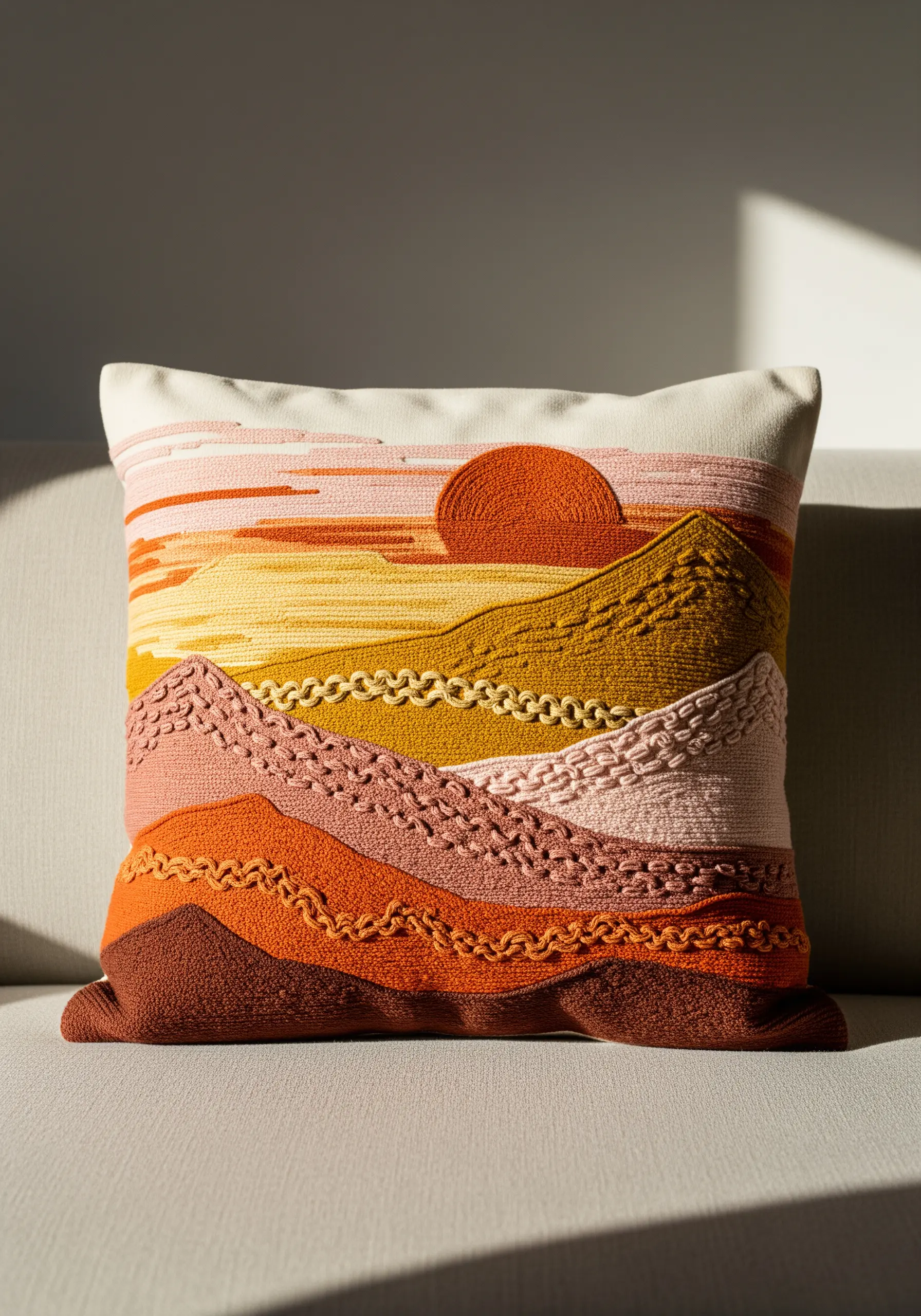 A throw pillow with an embroidered abstract sunset landscape using various textured stitches.