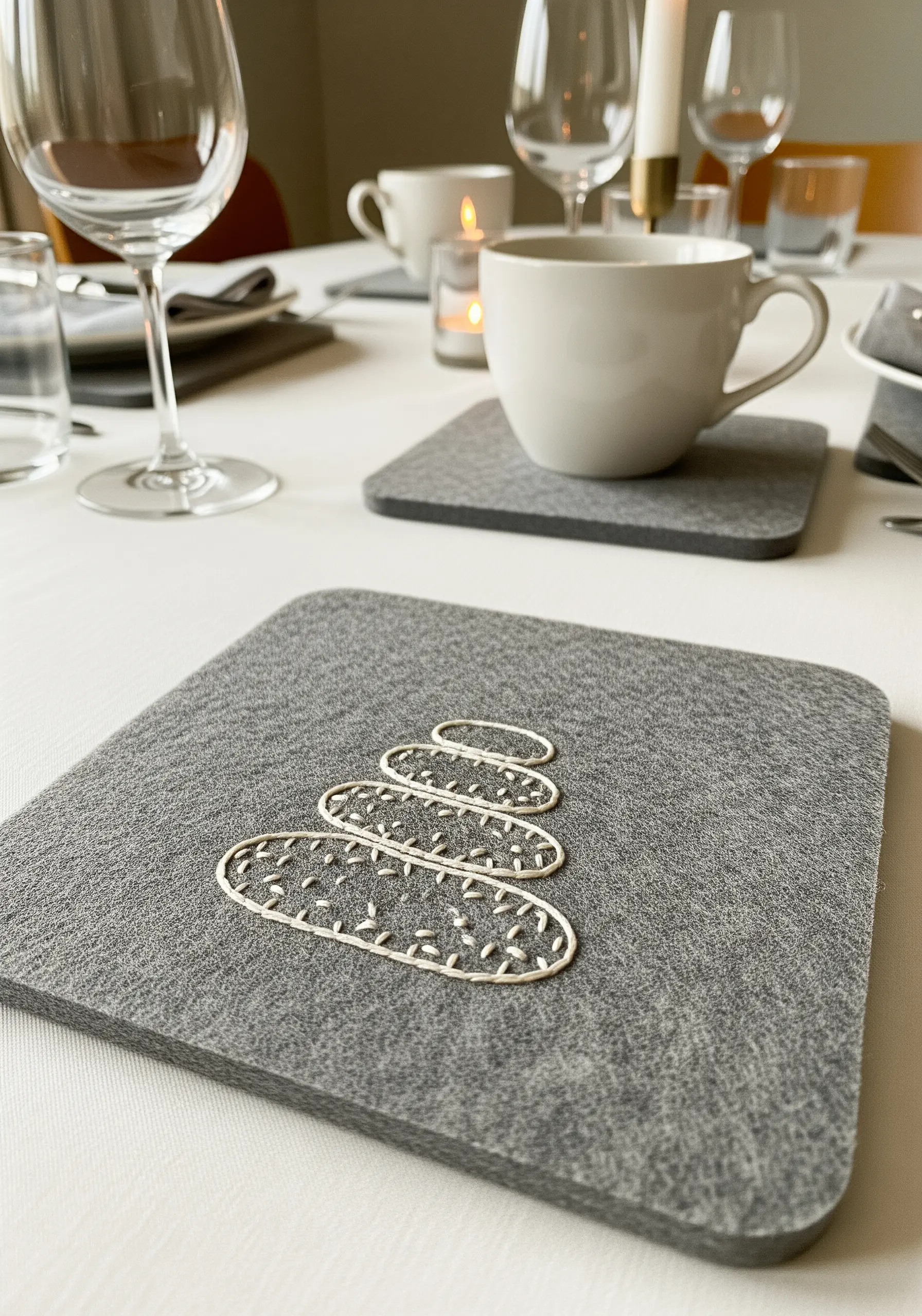 Abstract Christmas tree embroidered in white thread on a grey felt coaster.