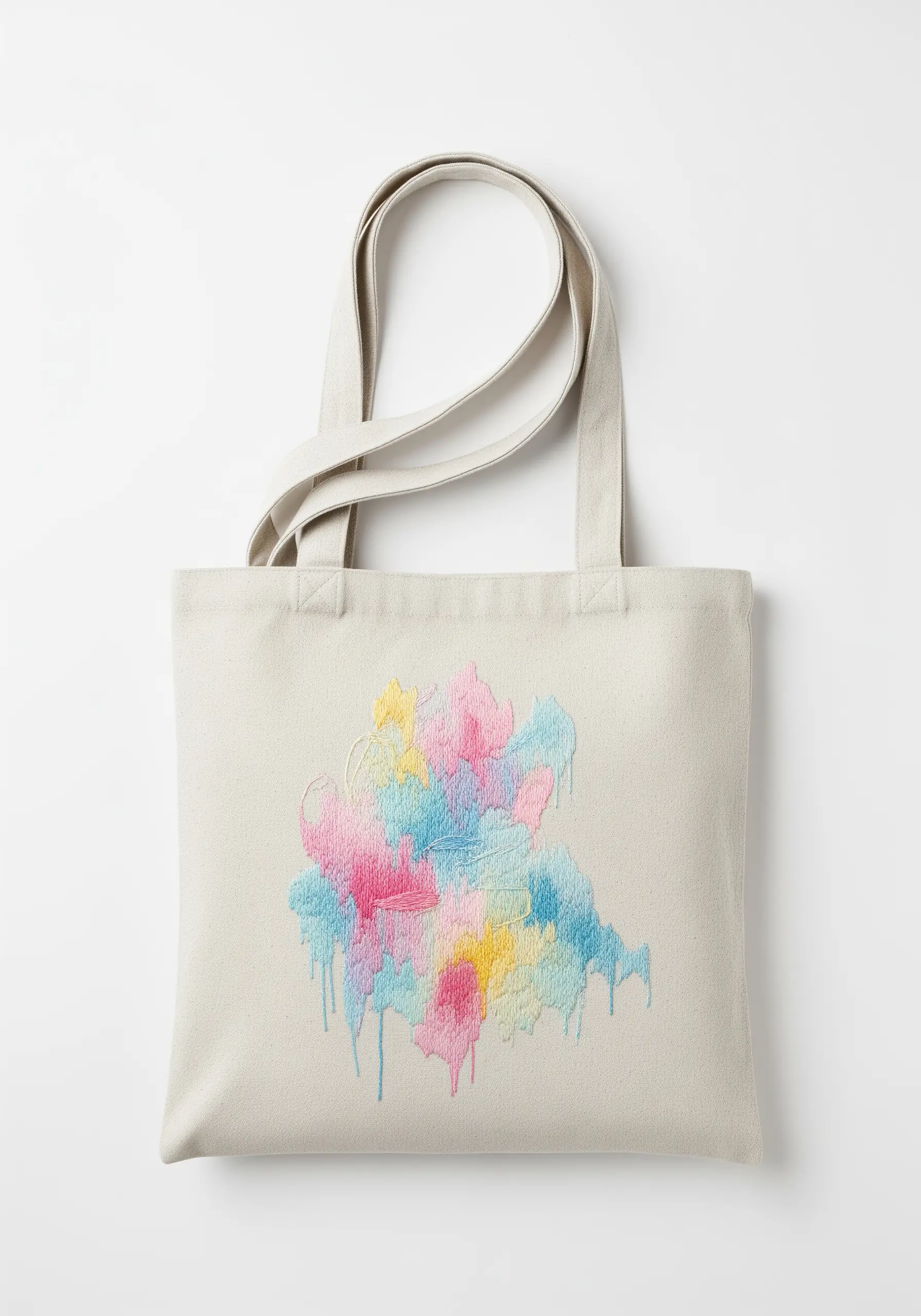 An abstract watercolor-style design in pastel colors embroidered on a light canvas tote bag.