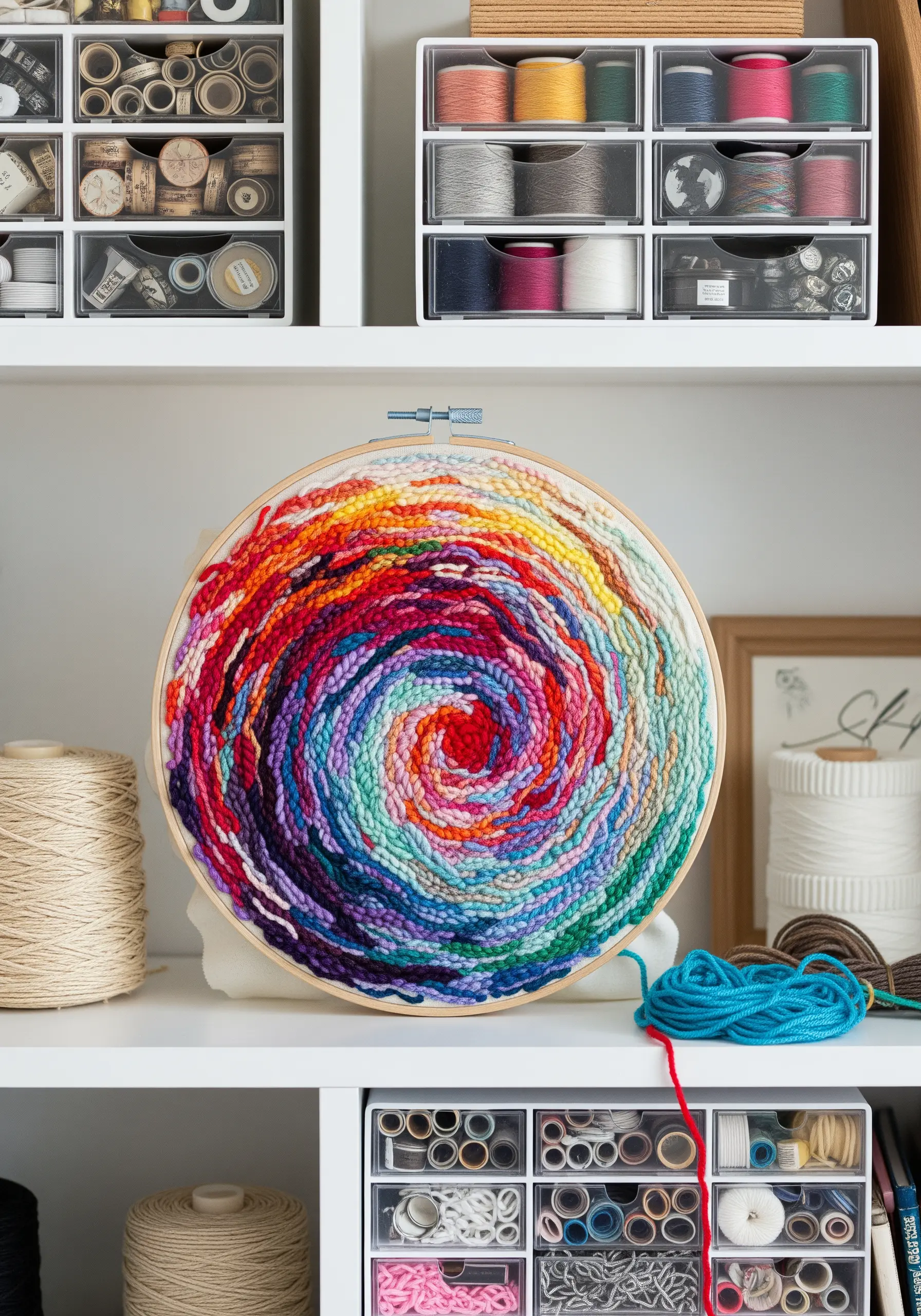 Abstract spiral of colorful, textured yarn couched onto fabric in a large hoop.