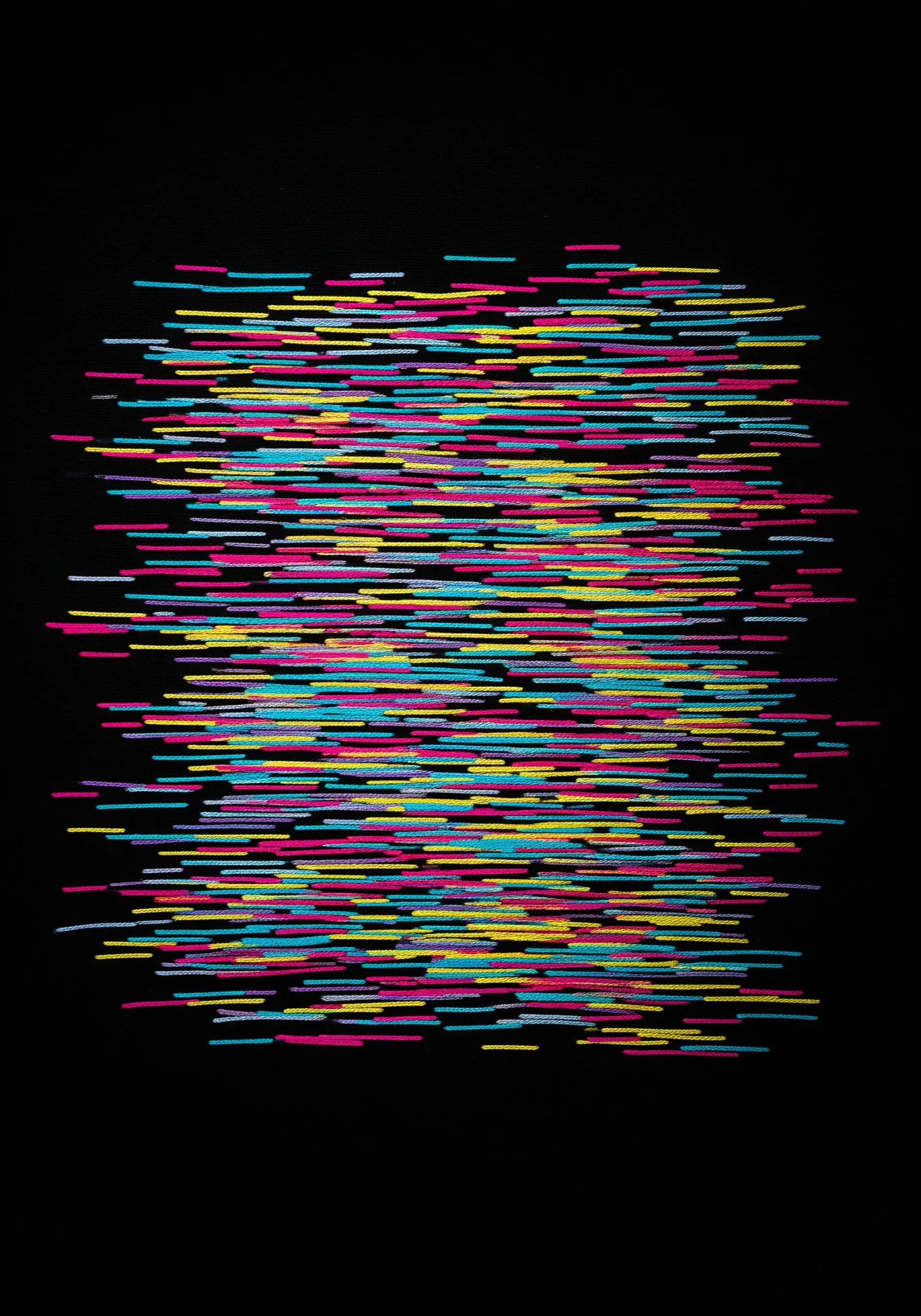 Vibrant, abstract seed stitches in horizontal lines on a stark black background.