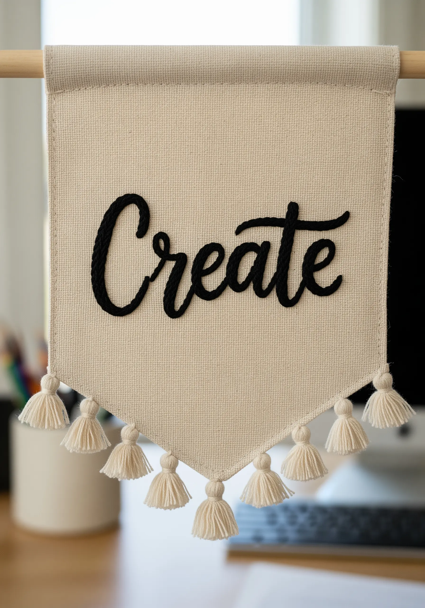 A neutral canvas banner with the word 'Create' in bold, black 3D yarn lettering and tassels.