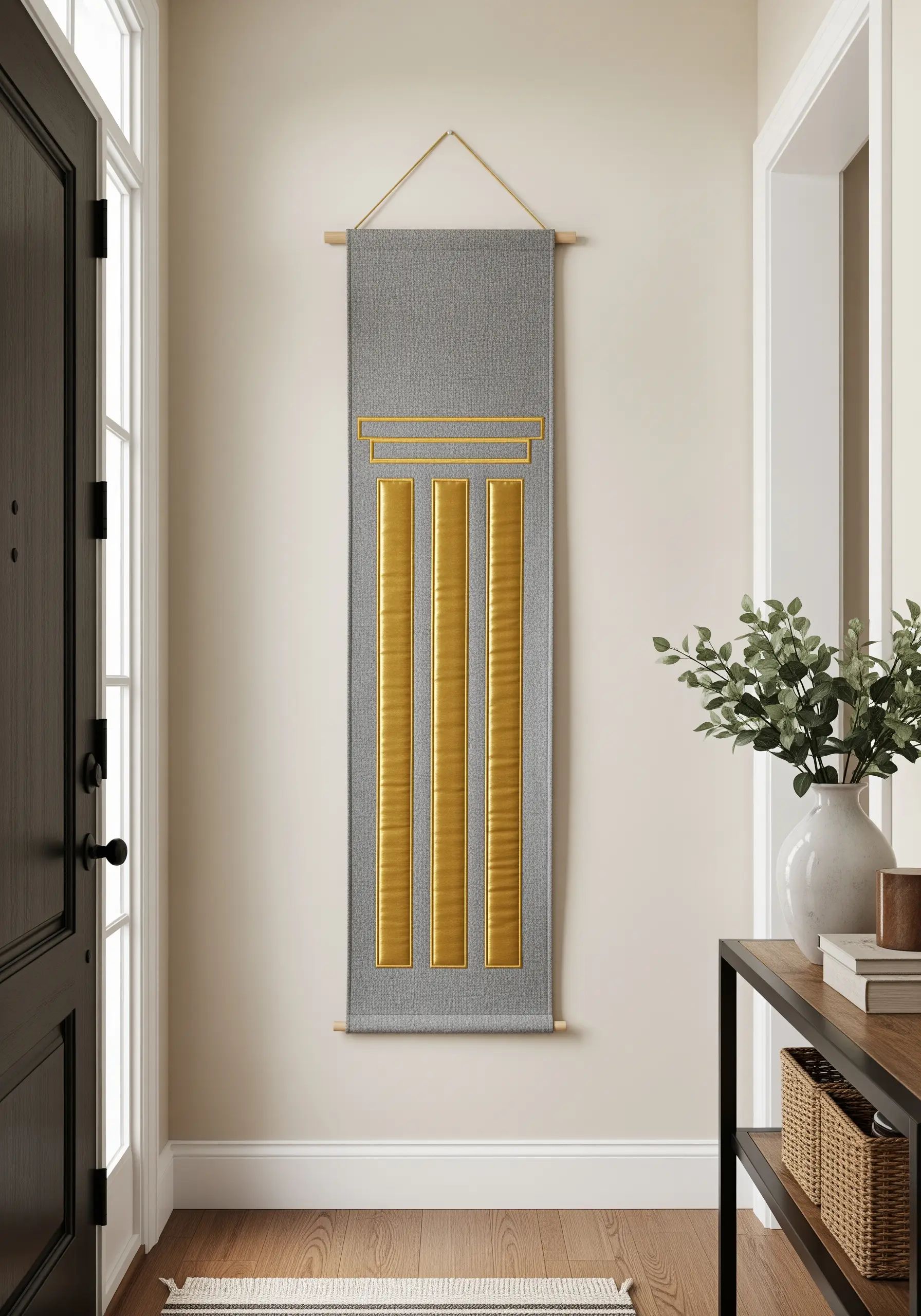 A modern wall hanging with three vertical, raised gold bars made with padded satin stitch.