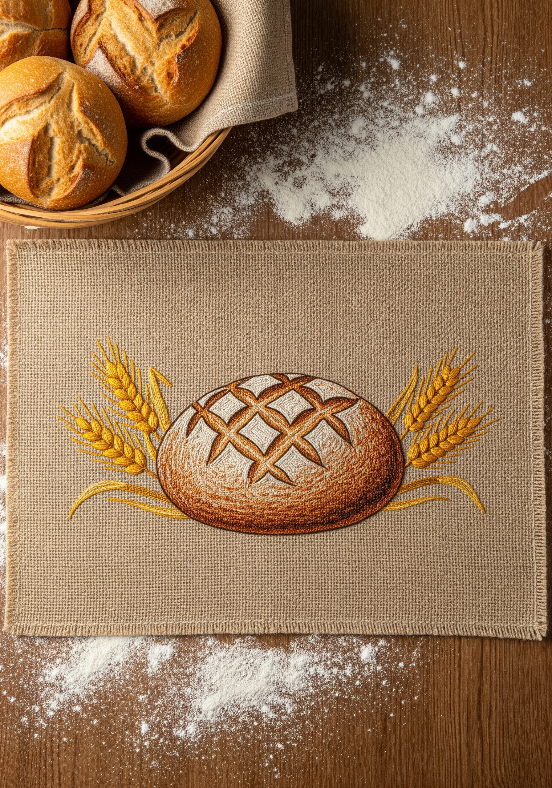 An embroidered loaf of bread with wheat stalks on a rustic burlap placemat.
