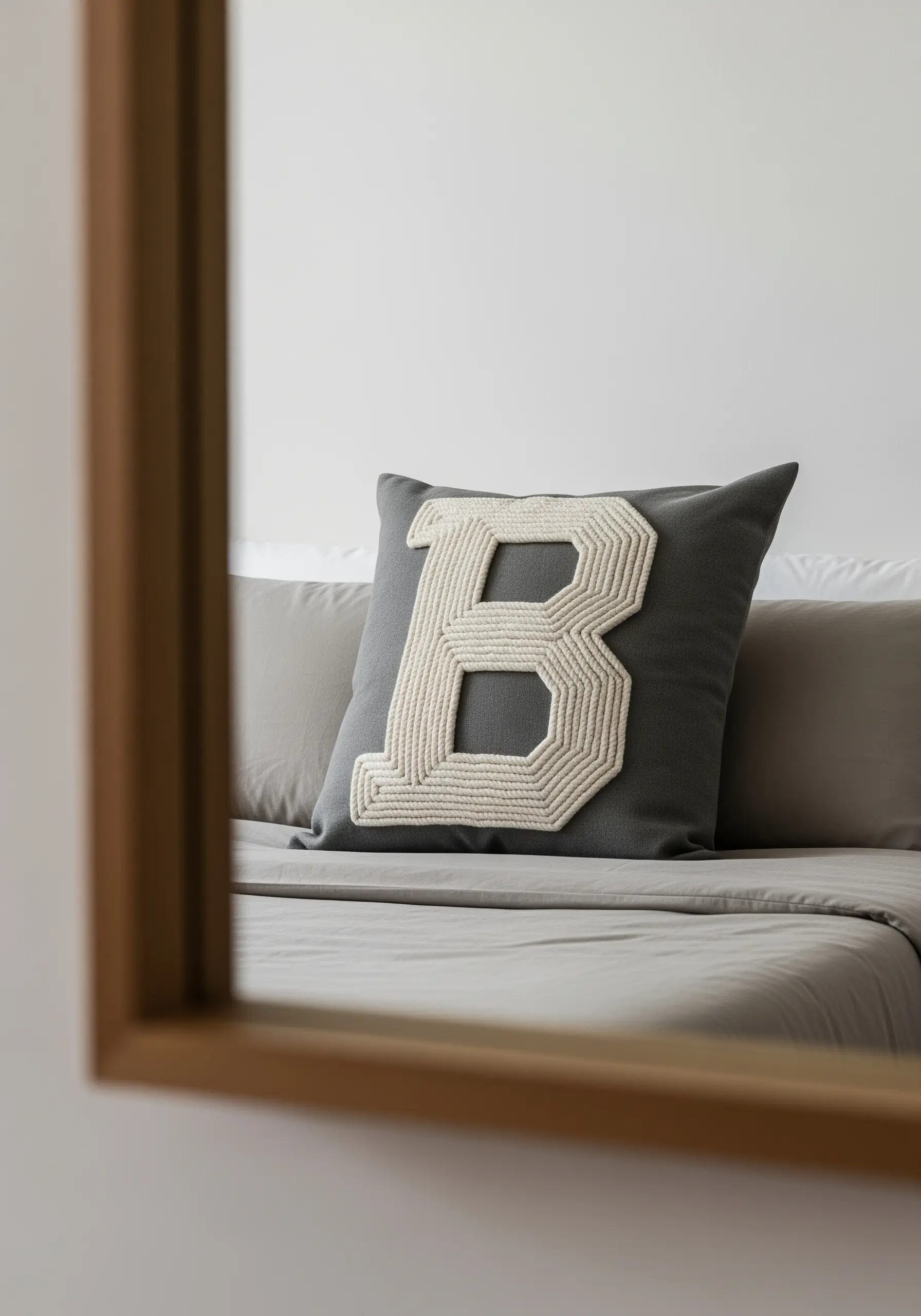 A single initial 'B' crafted from thick, braided white rope on a dark gray pillow.