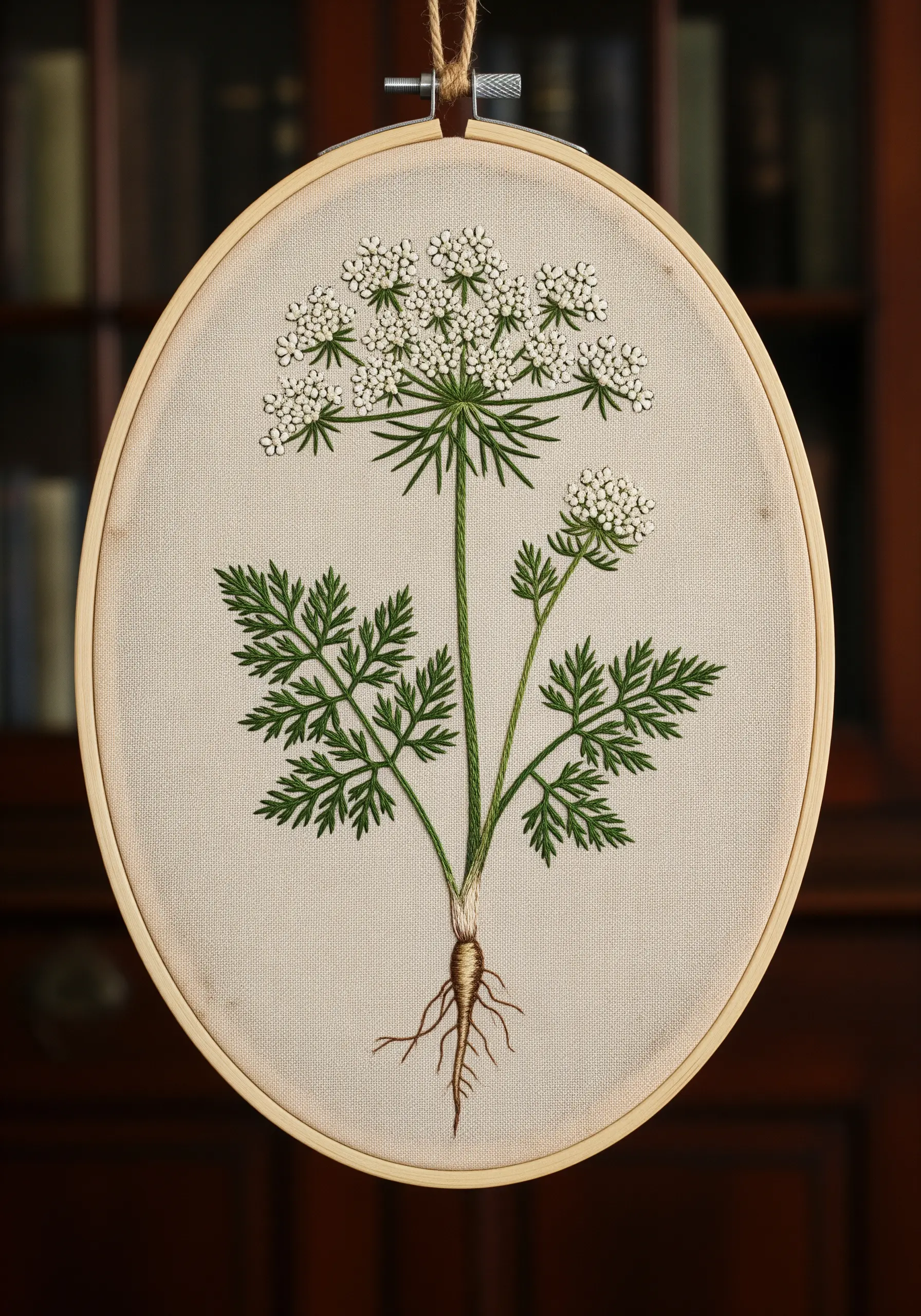 A scientific botanical illustration of a Queen Anne's lace plant, including its root system.