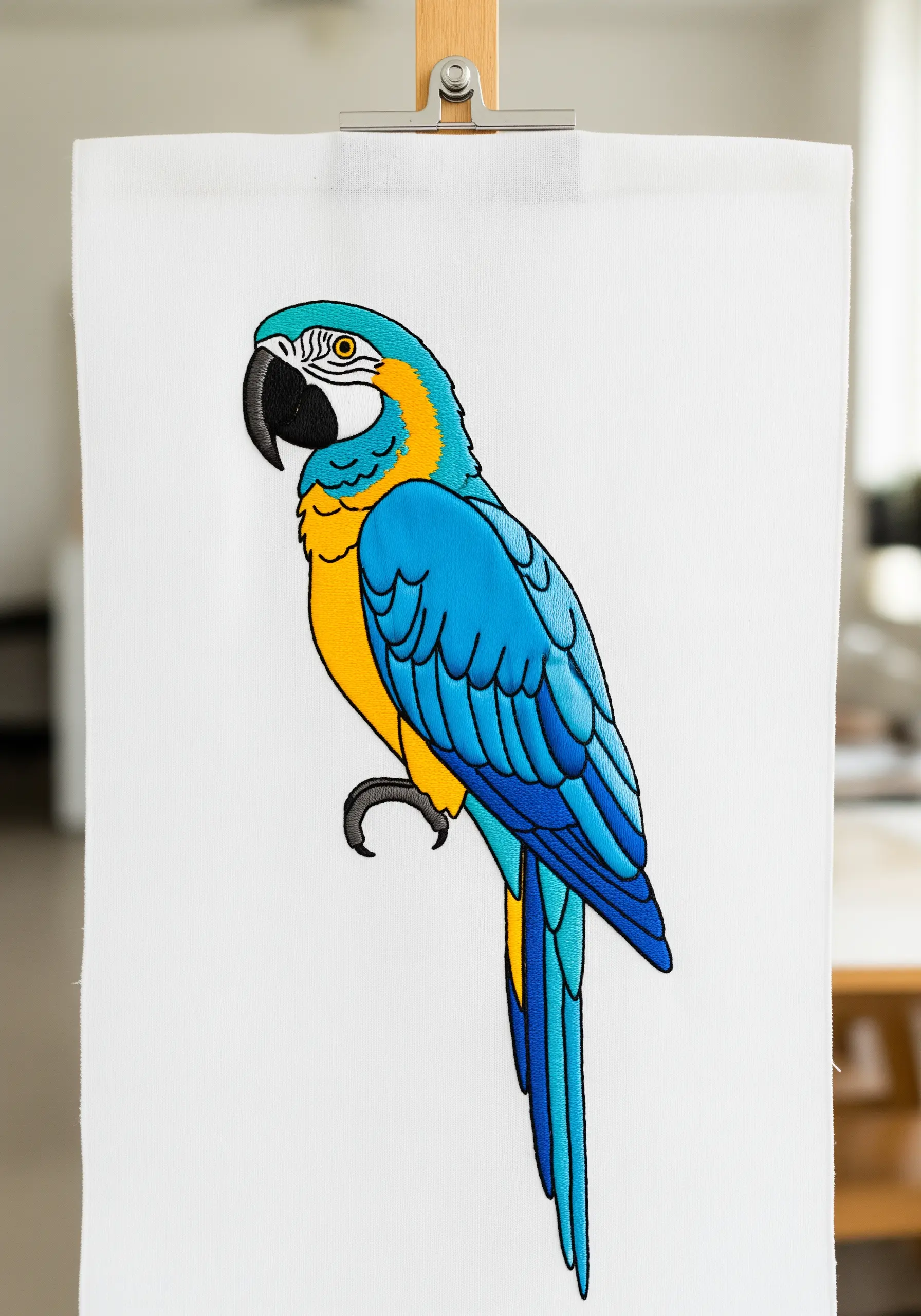 A blue-and-gold macaw embroidered in a clean, illustrative style with bold outlines.