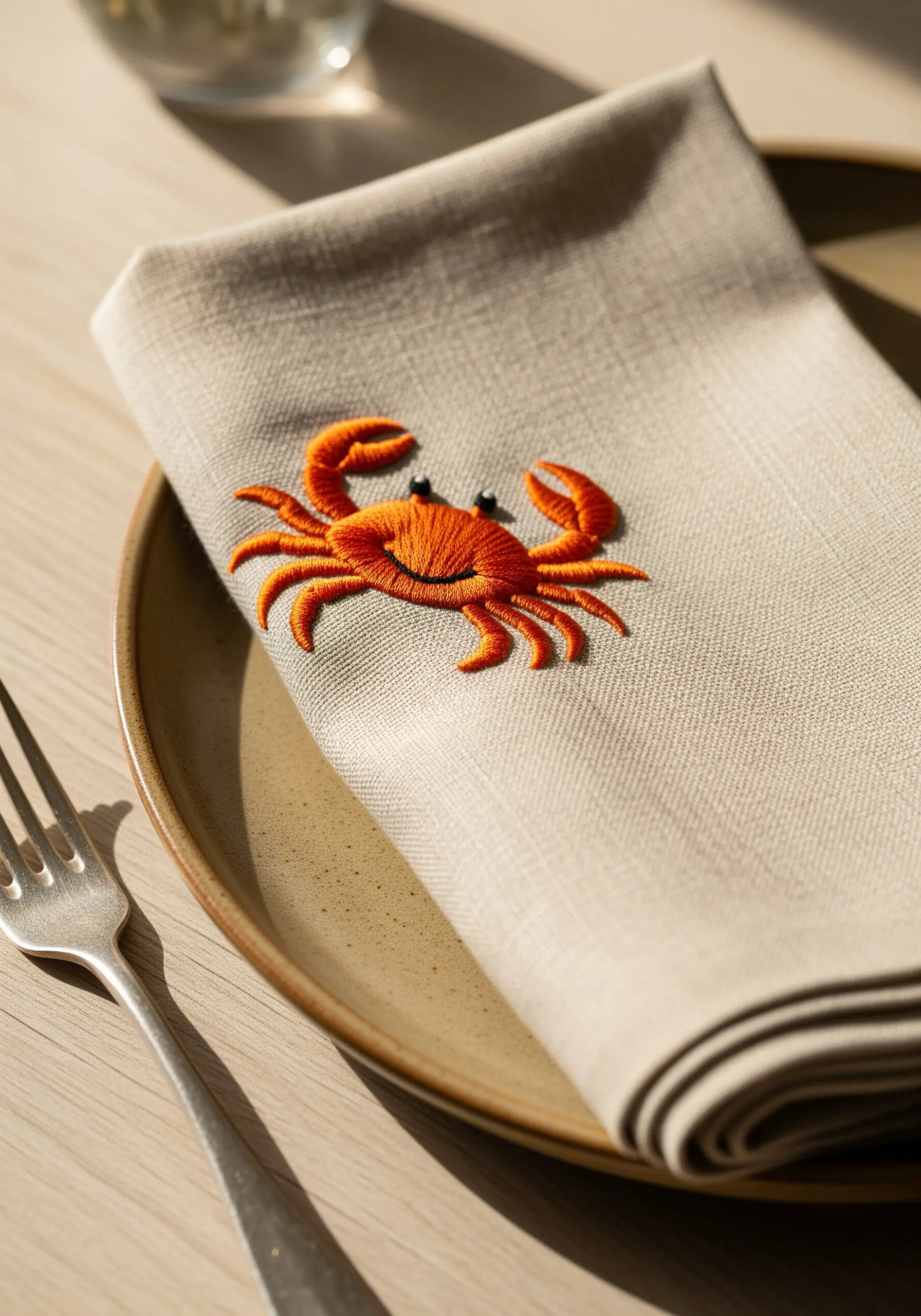 A bright orange crab embroidered with a smooth satin stitch on a folded linen napkin.