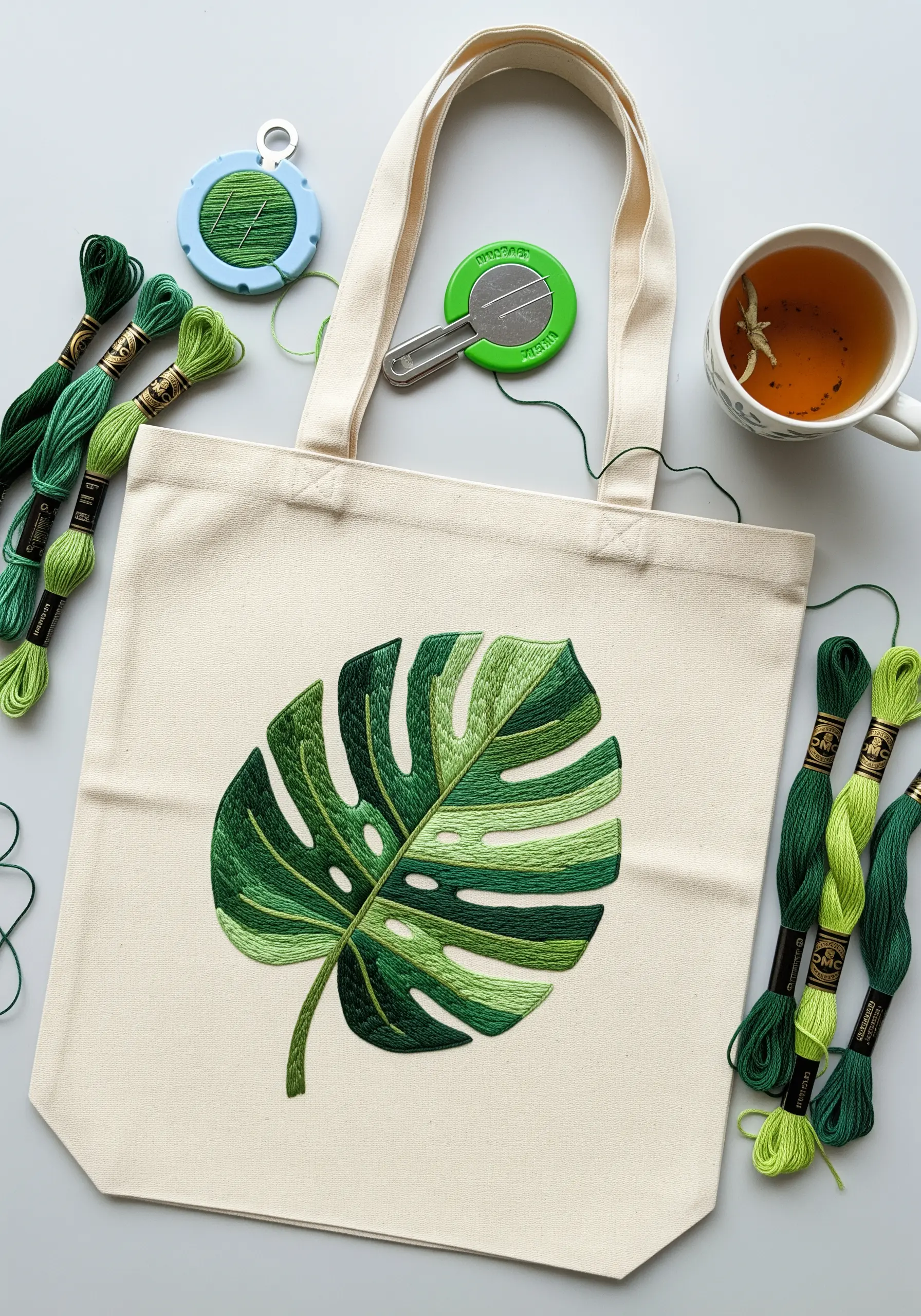 A large, perfectly executed satin stitch Monstera leaf on a canvas tote bag.