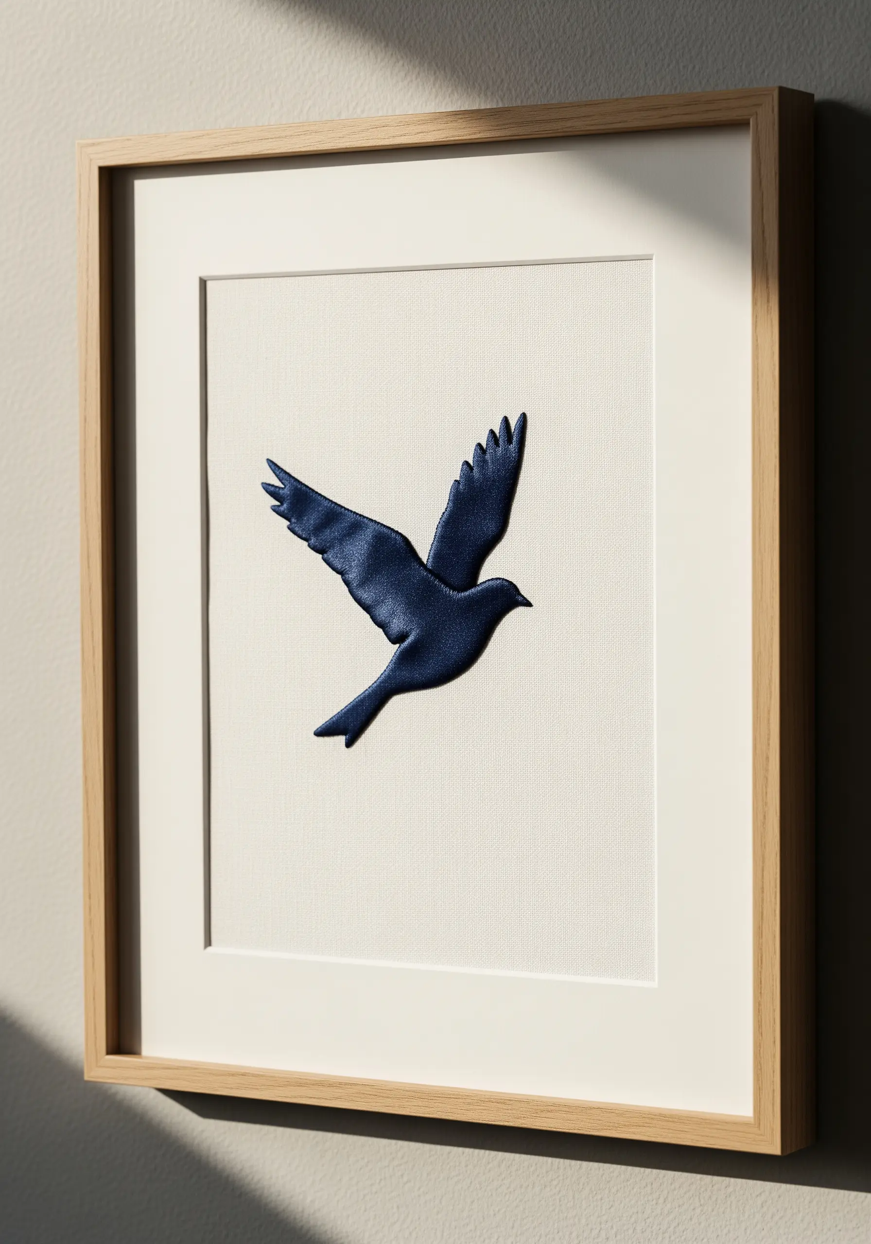 A flawlessly executed satin stitch bird silhouette in dark blue thread, framed and matted.