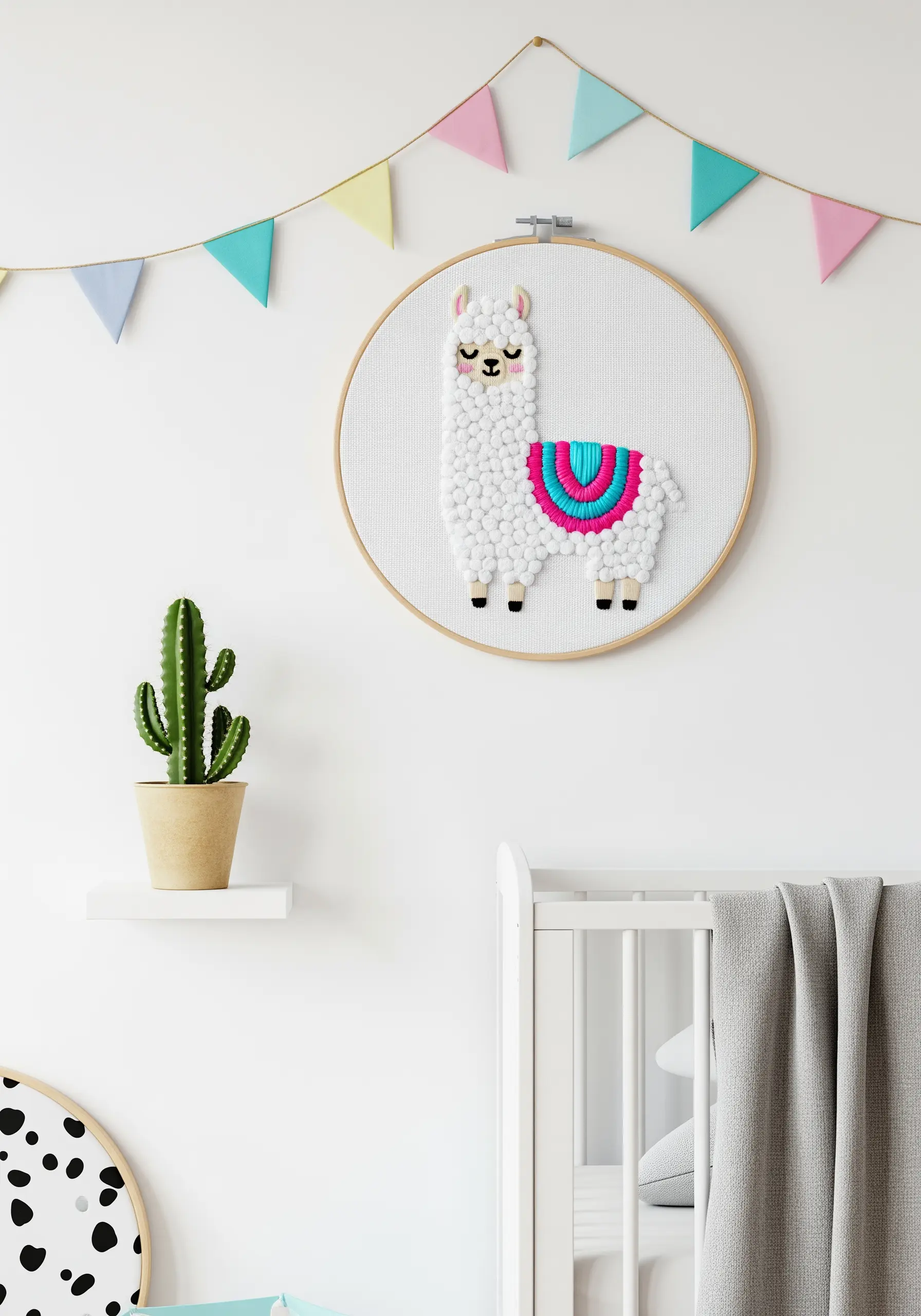 Embroidered llama with a fluffy coat made of white French knots and a colorful saddle.