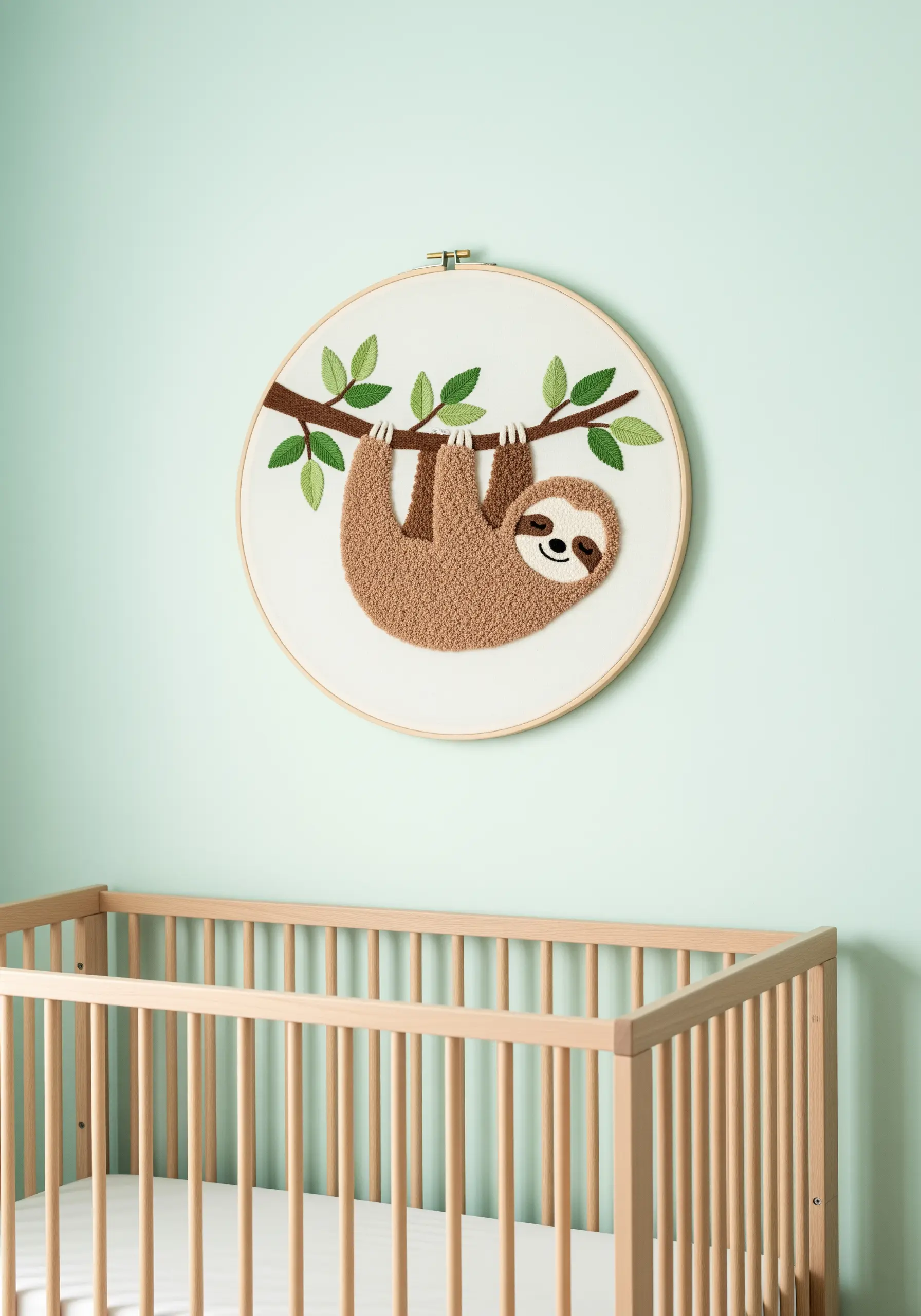 A smiling sloth hanging from a branch, with a fluffy body made from Turkey work stitch.