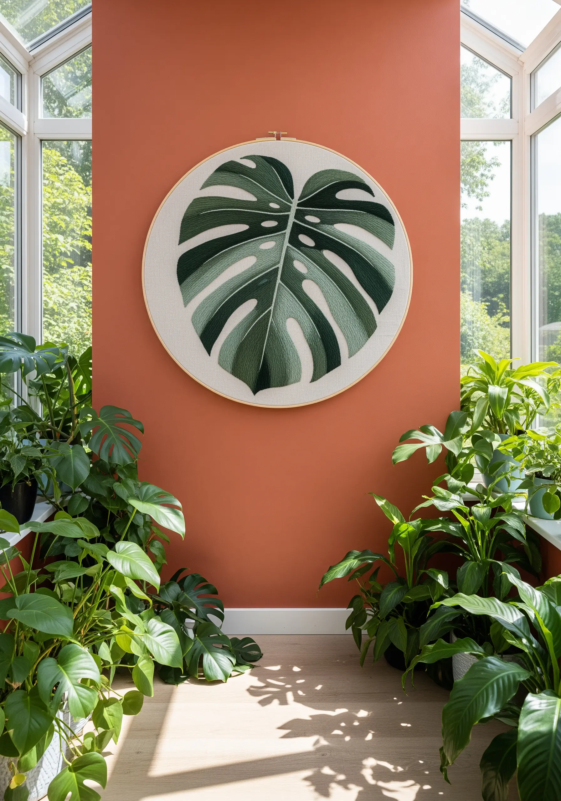 A large hoop embroidery of a monstera leaf with bold, color-blocked sections.