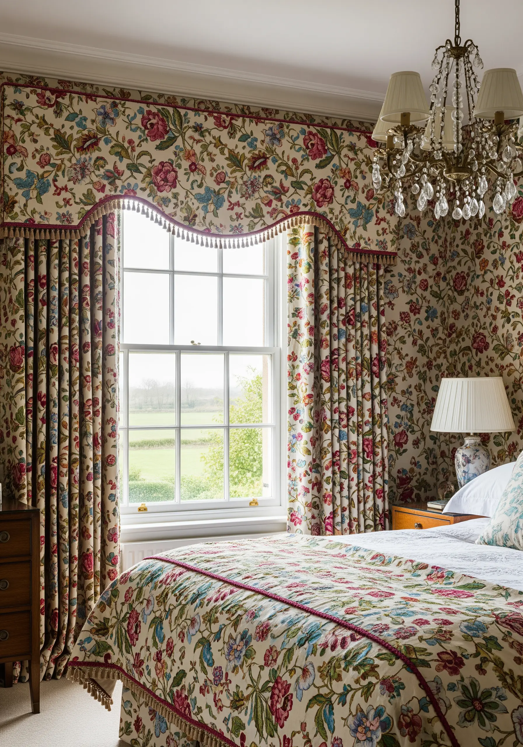 A bedroom with matching floral embroidered curtains, valance, and bedspread in a classic chintz style.