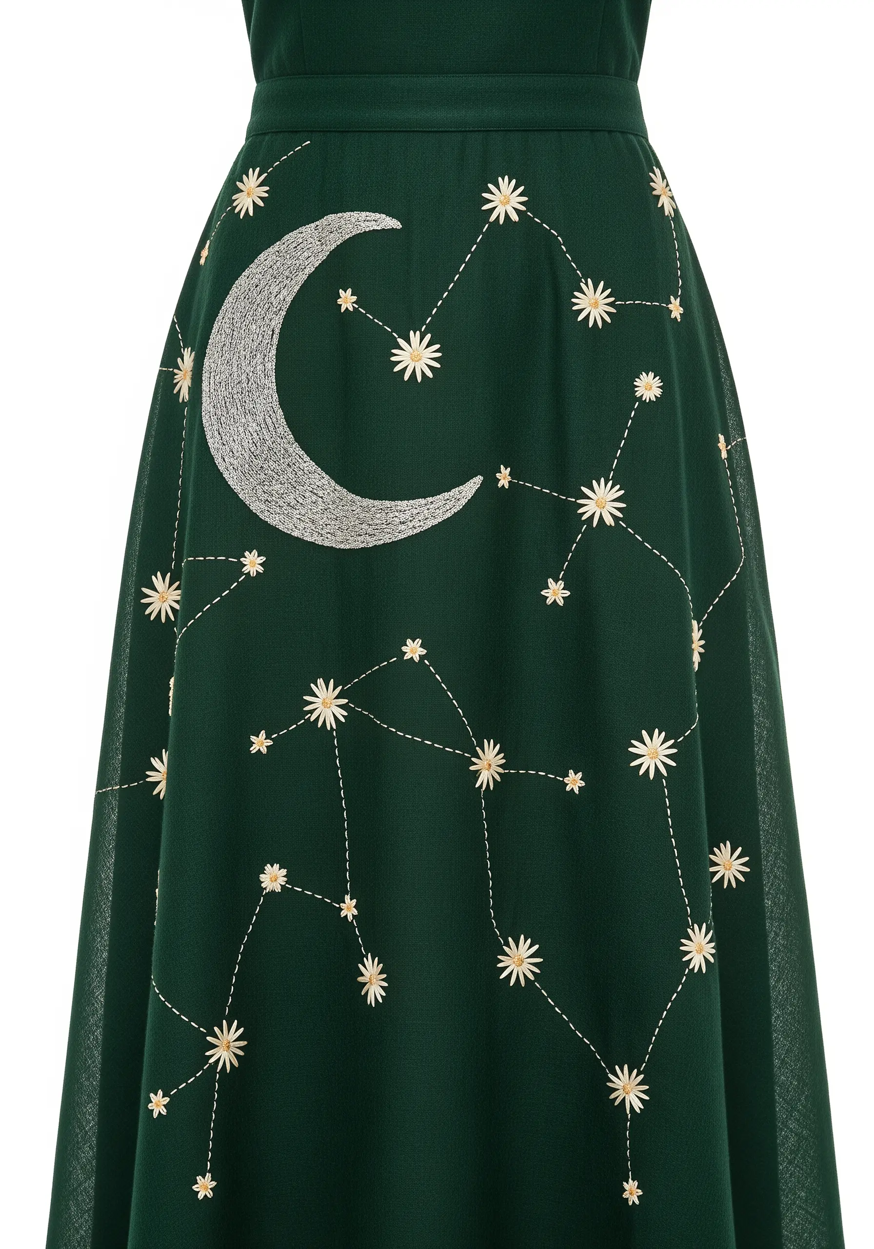 Embroidered crescent moon and constellations on a dark green skirt.