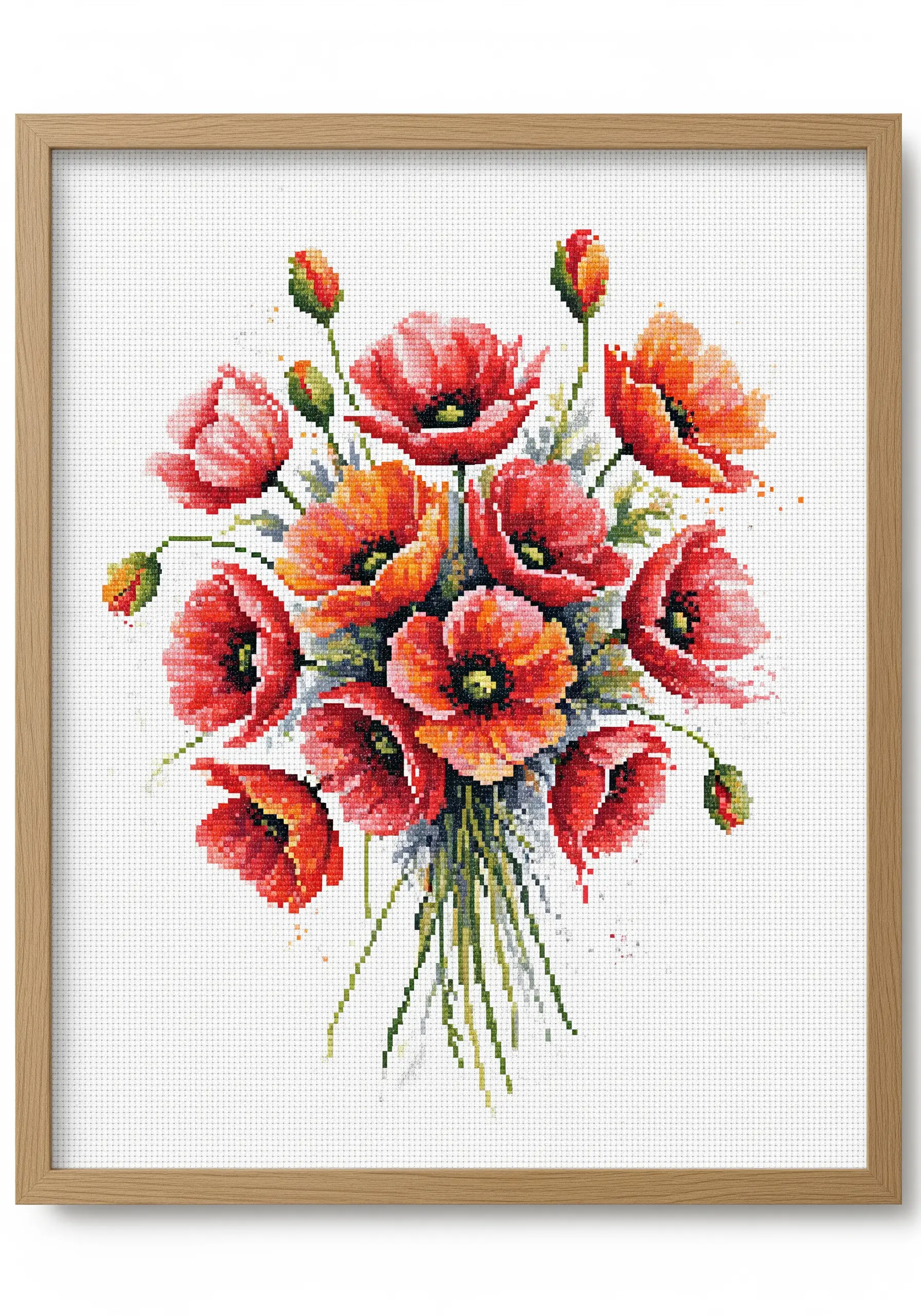 A cross-stitch bouquet of red and orange poppies that has a soft, watercolor-like effect.