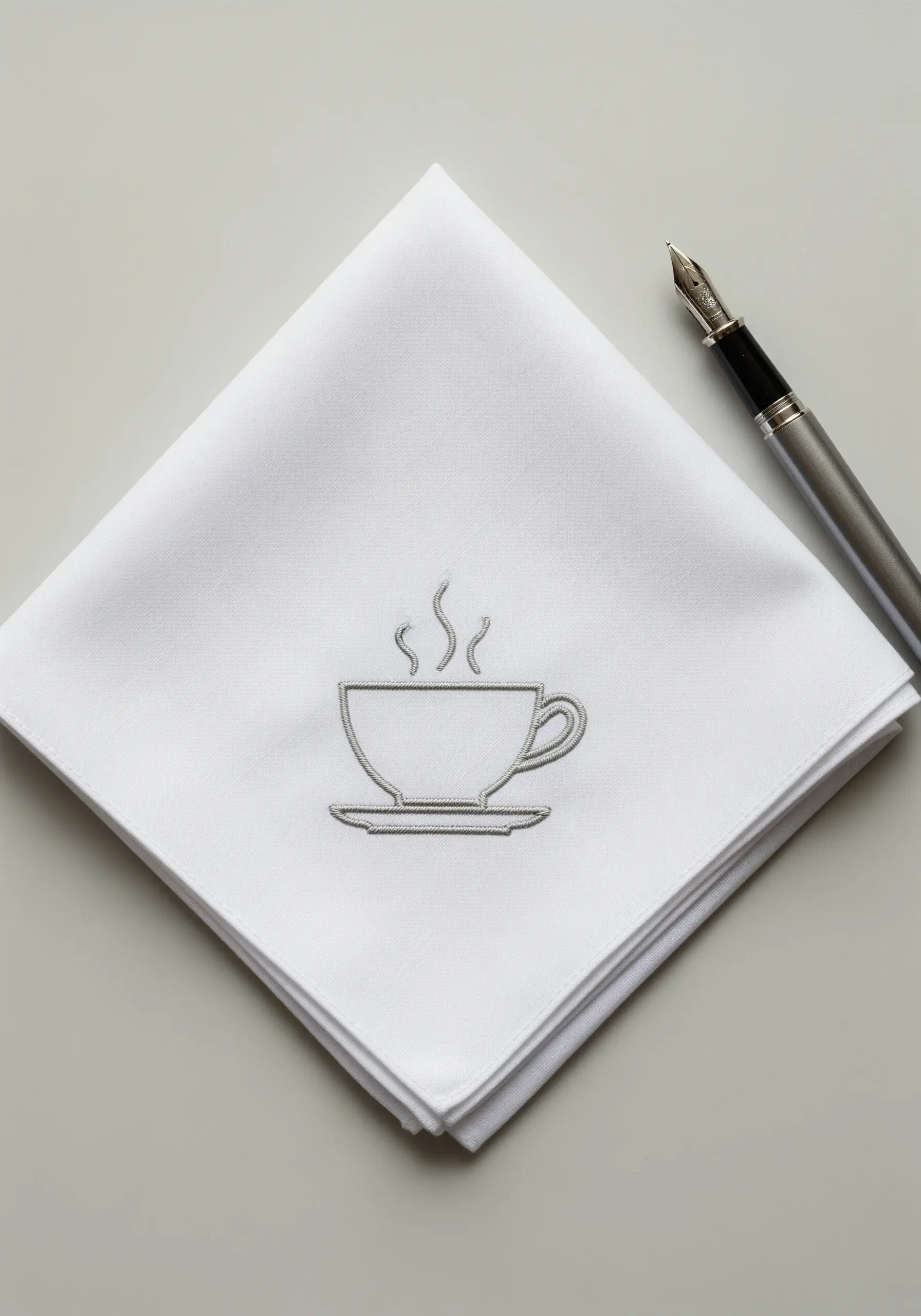 A clean, grey outline of a steaming teacup and saucer on a white folded handkerchief.