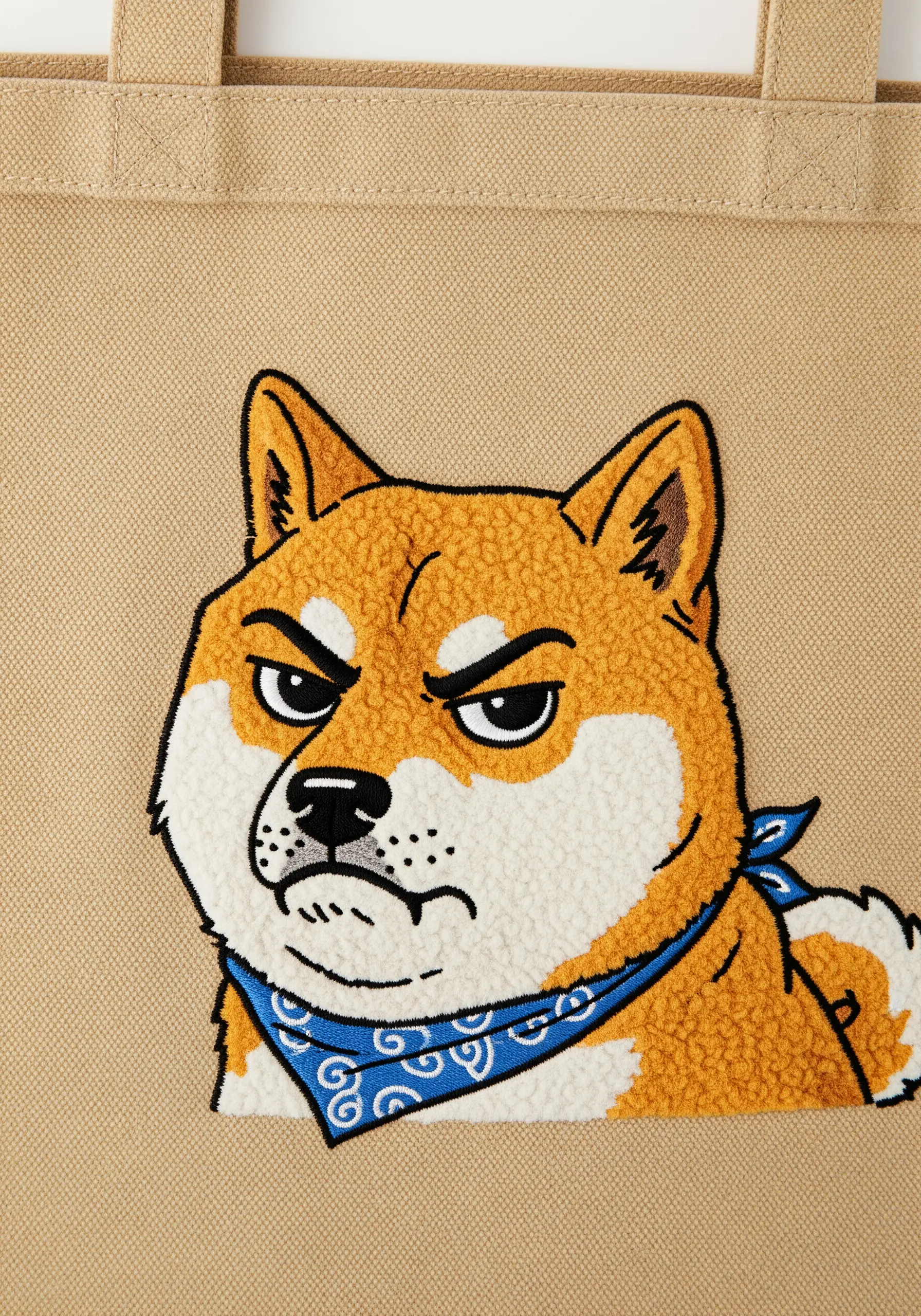 Close-up of a grumpy Shiba Inu with a highly textured, plush fur effect.