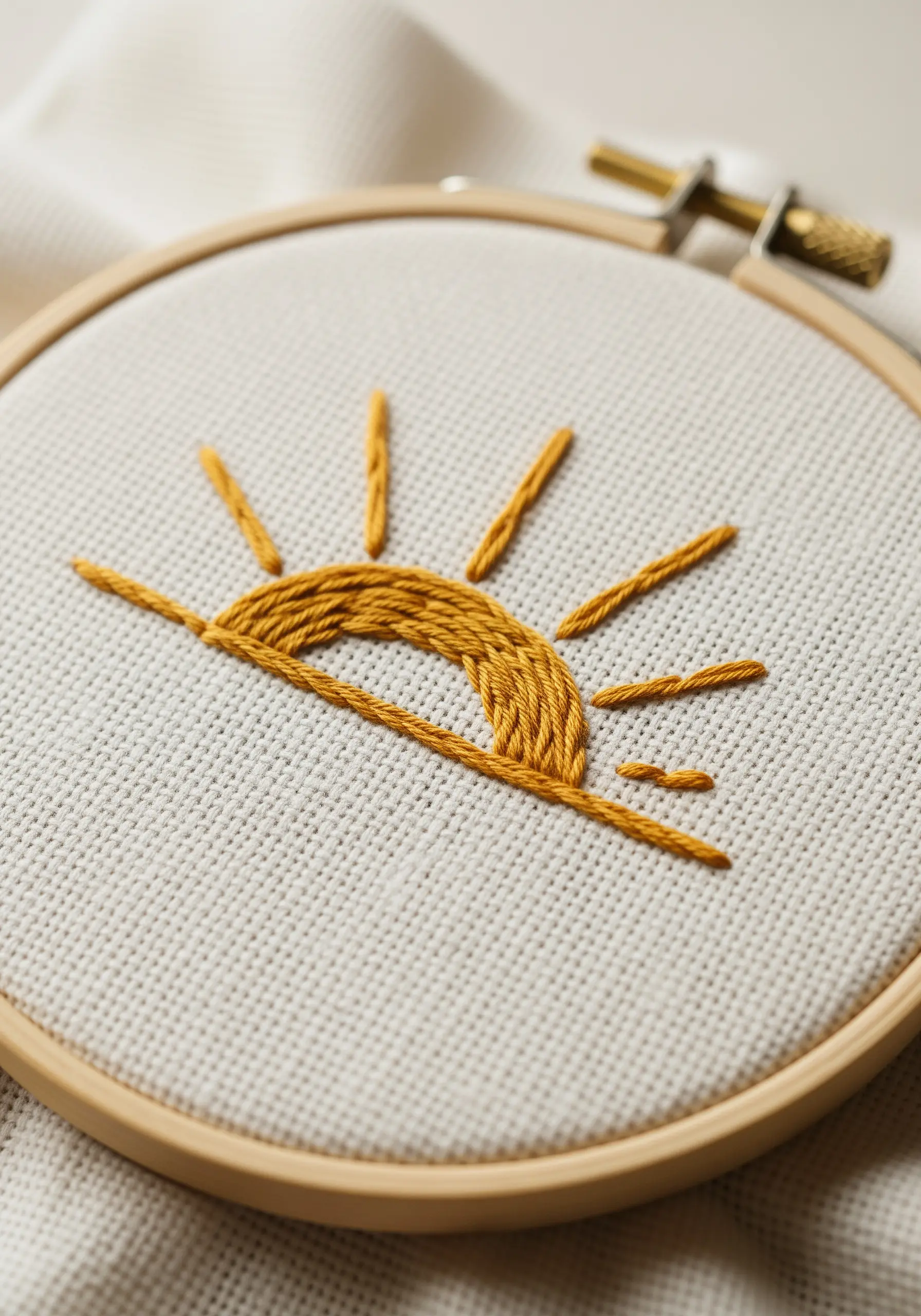 Minimalist rising sun embroidered with golden yellow satin stitch and straight stitch rays.