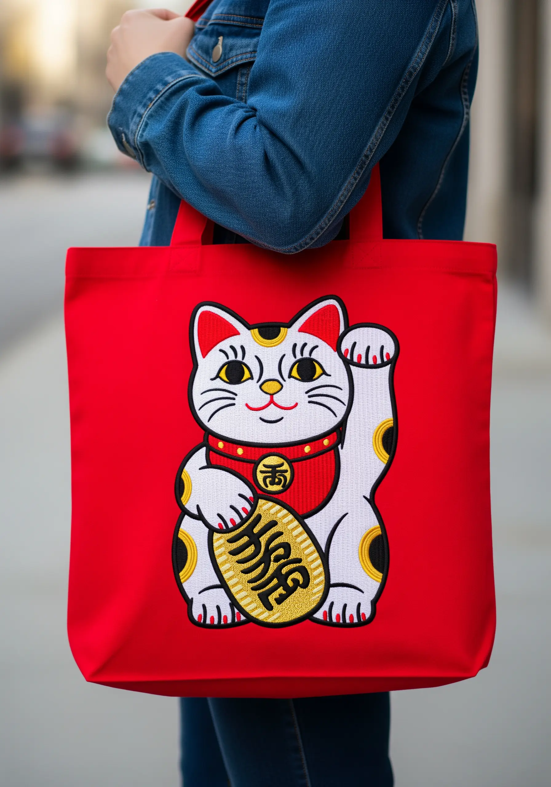 A Maneki-neko lucky cat with smooth satin stitch and gold thread details on a red tote bag.