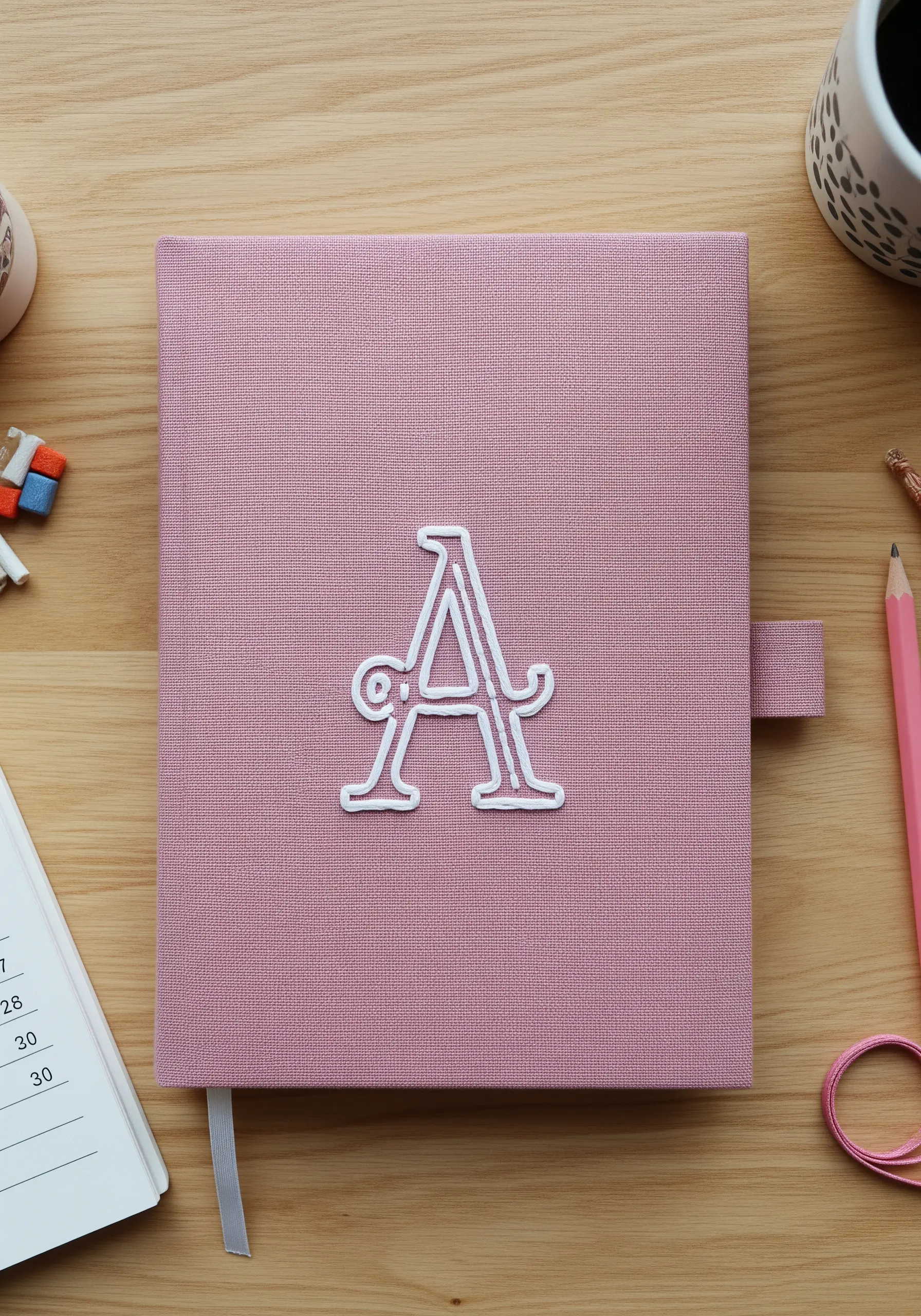 A raised white monogram 'A' embroidered on the cover of a pink linen-bound journal.