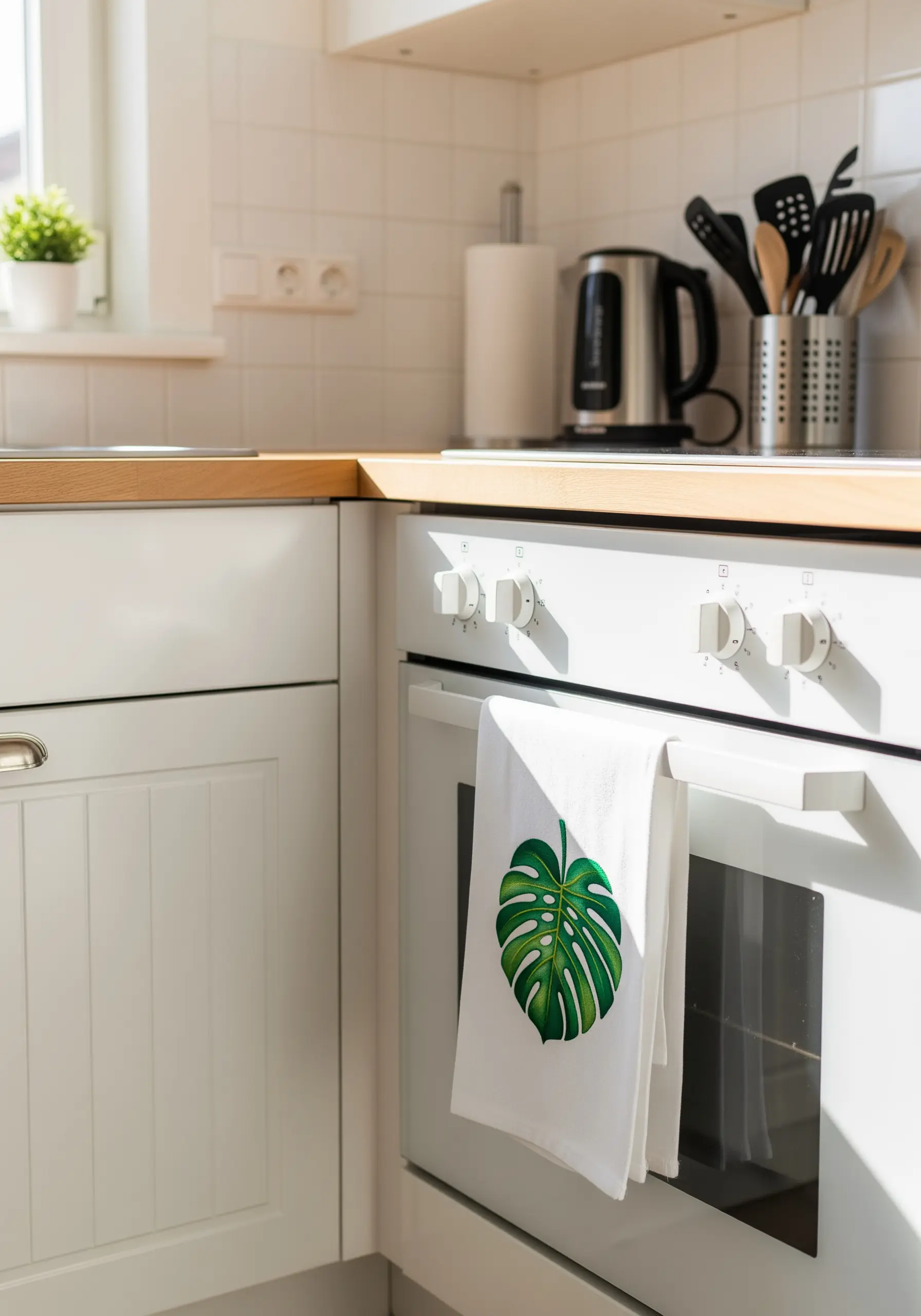 A large, realistically embroidered monstera leaf on a white kitchen towel.