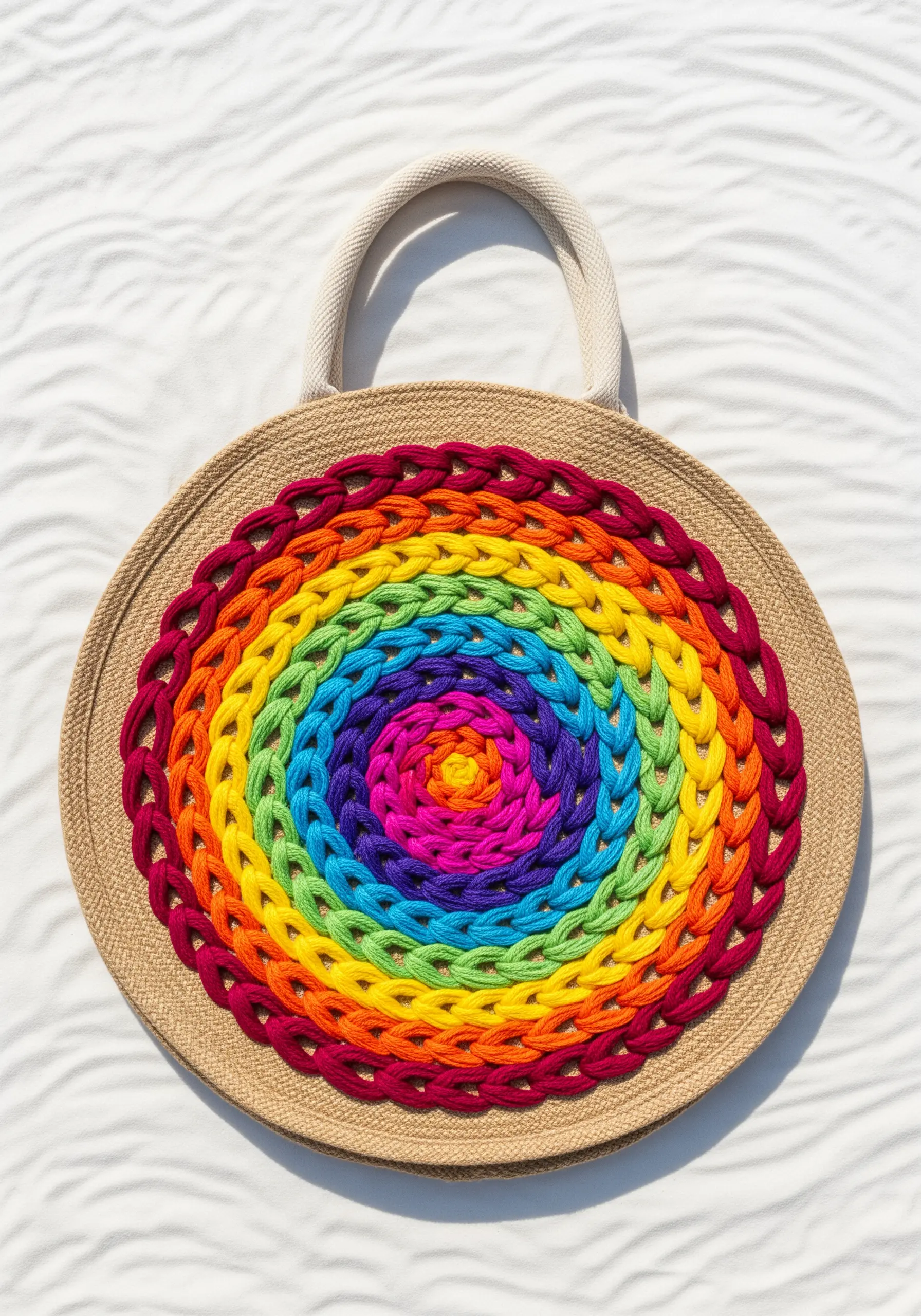 A round jute bag with a vibrant, dimensional rainbow spiral made from a thick, braided stitch.