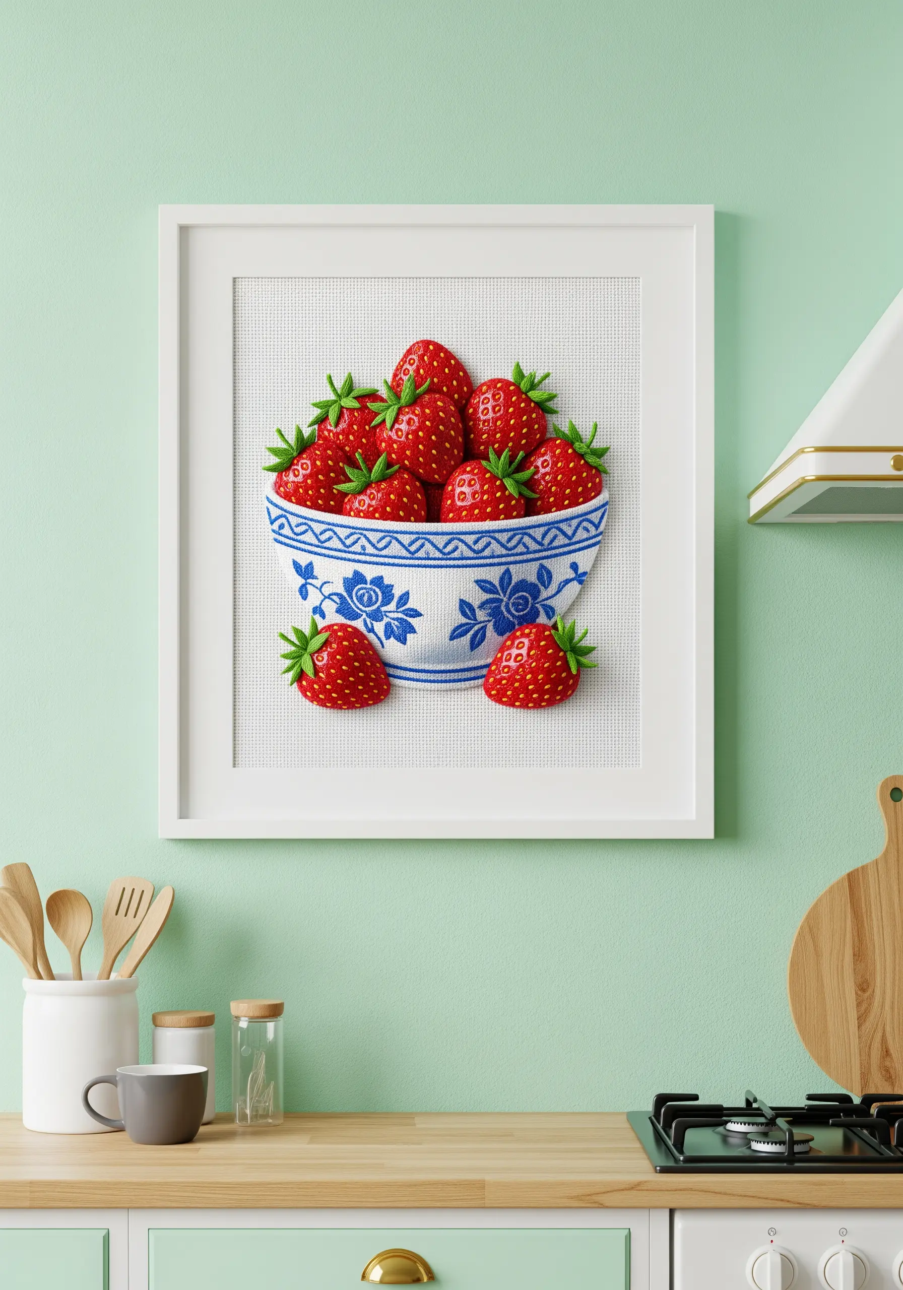 Framed cross-stitch art of a blue and white bowl filled with 3D strawberries