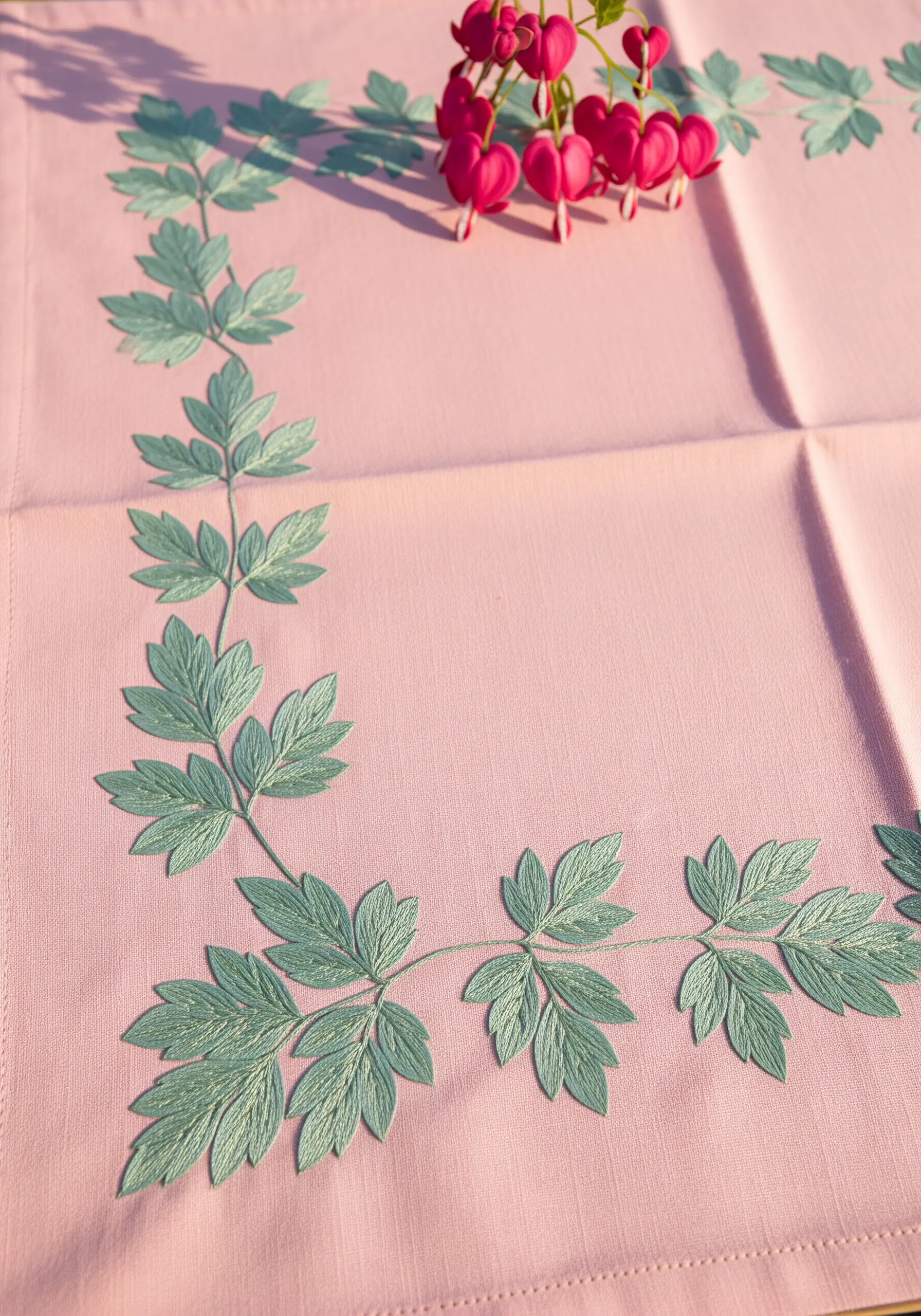 A delicate vine with soft green leaves embroidered on a pink tablecloth.