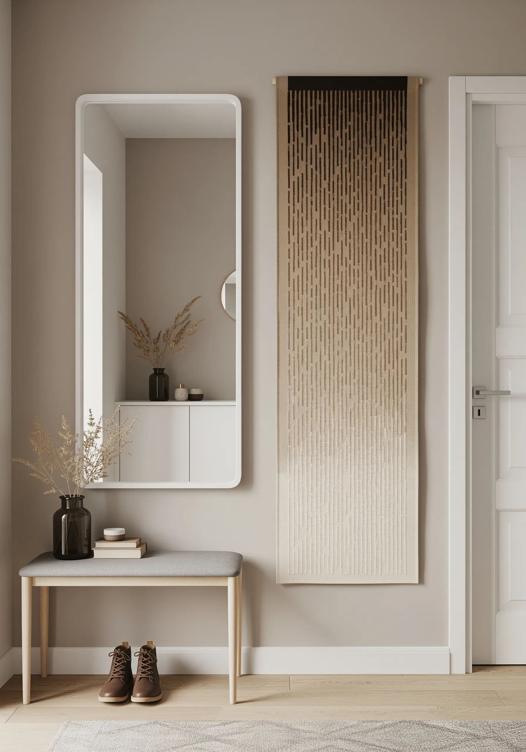 A long wall hanging with a gradient effect created by varying stitch density.