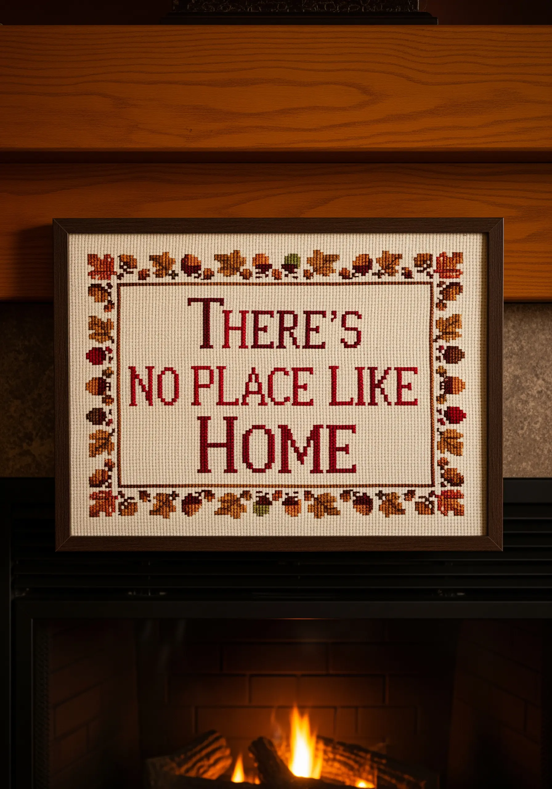 A framed cross-stitch piece with a classic quote, surrounded by an autumnal leaf border.