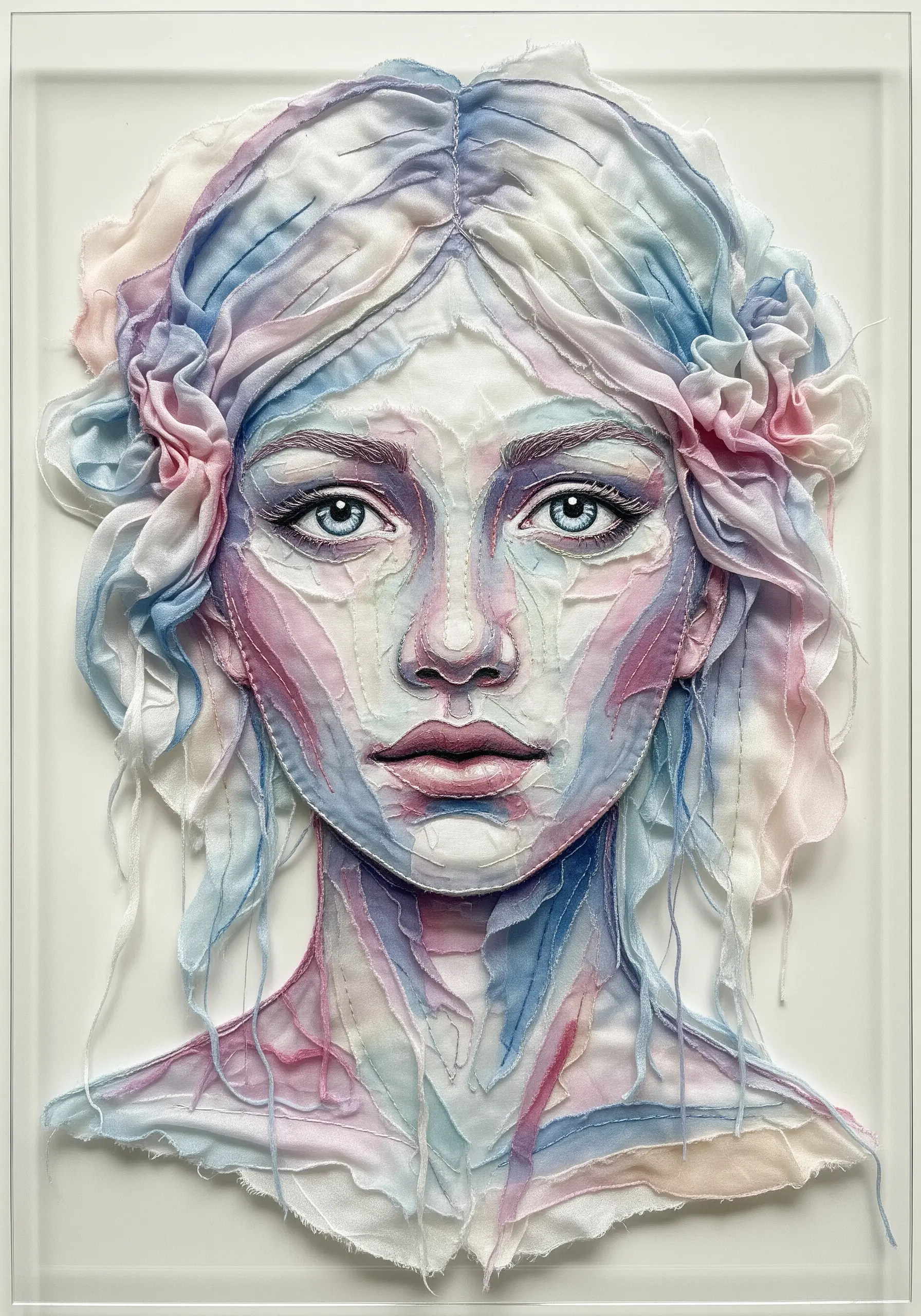 Ethereal portrait made from layered, sheer fabrics in pastel pink and blue tones.