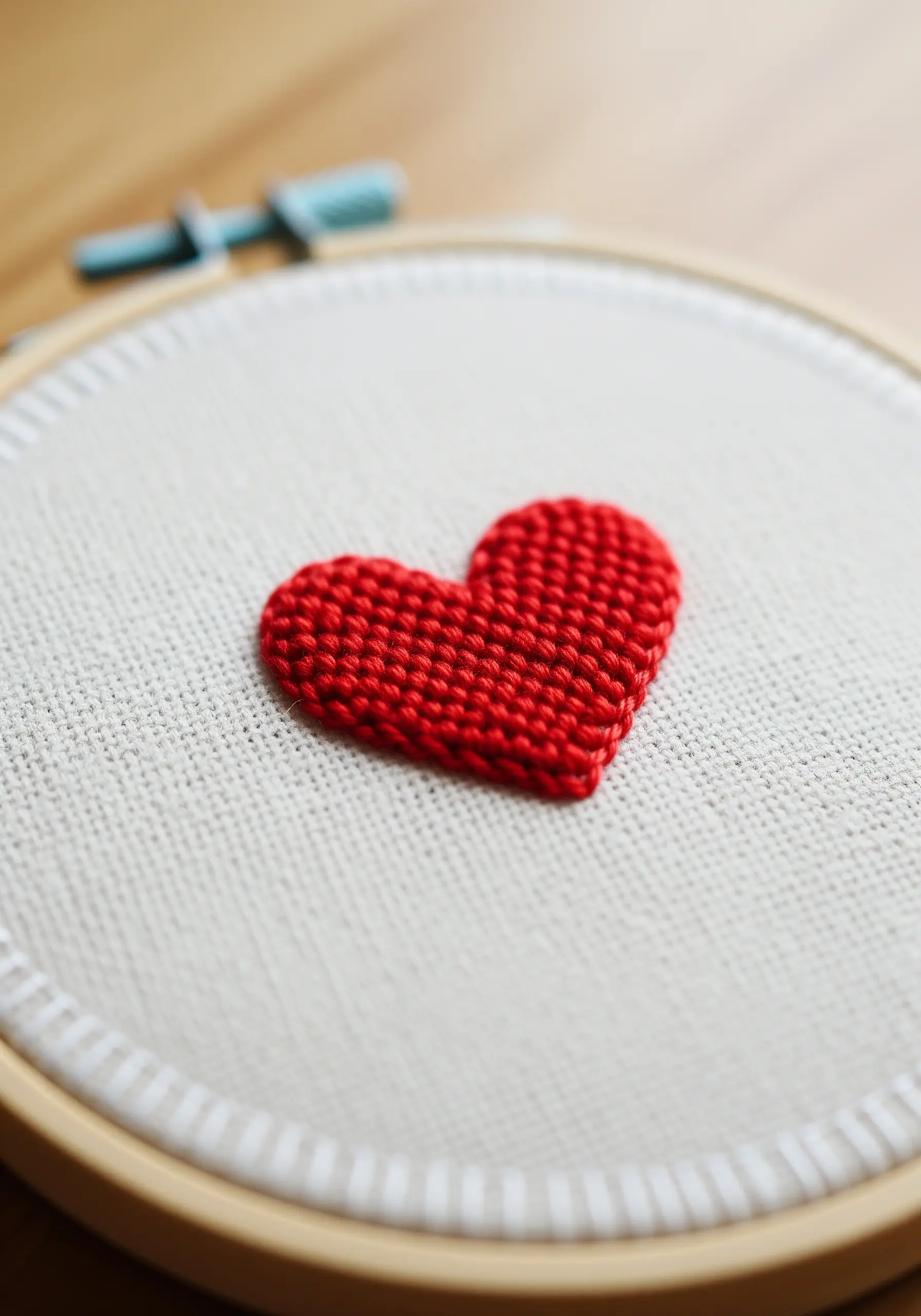 A solid red heart filled with a smooth, woven-textured brick stitch.